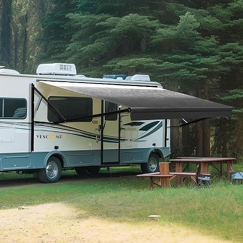 YESCAMP Toldo retráctil motorizado negro, kit completo de brazos eléctricos, tela y accesorio completo, ideal para 5 rueda, remolques de viaje,