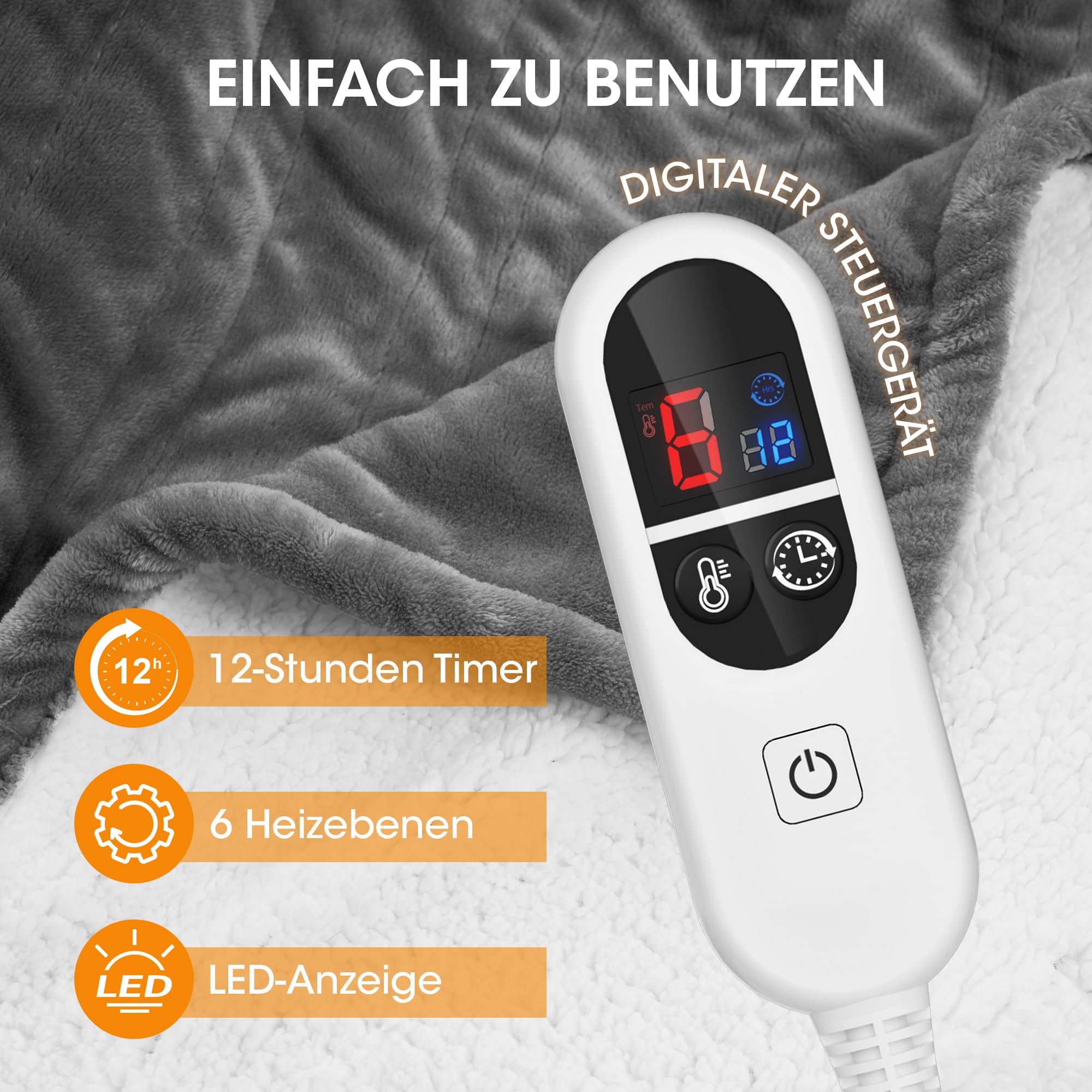 Airfish Heizdecke 180x130 cm – Kuschelweiche Premium-Decke mit 6 Heizstufen, 12h-Timer & Sicherheits-Auto-Off – Energiesparend & Waschmaschinenfest für Bett, Sofa, Homeoffice