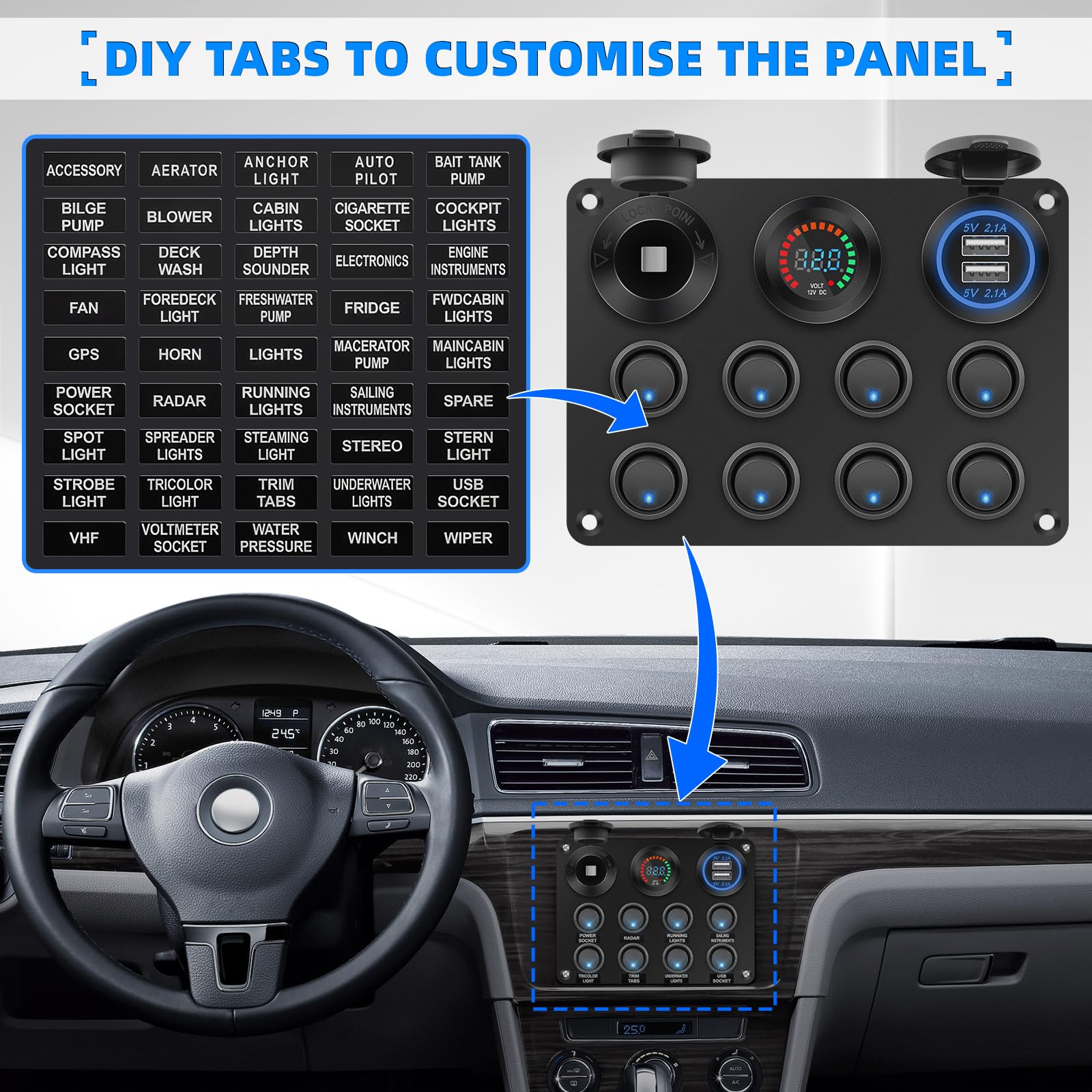 Geloo Pannello Interruttori a Bilanciere 12V/24V Impermeabile Levetta 8 Interruttore con Voltmetro Digitale Accendisigari Doppio Caricatore USB da 4,2 A per Barca, Auto, RV, Camper