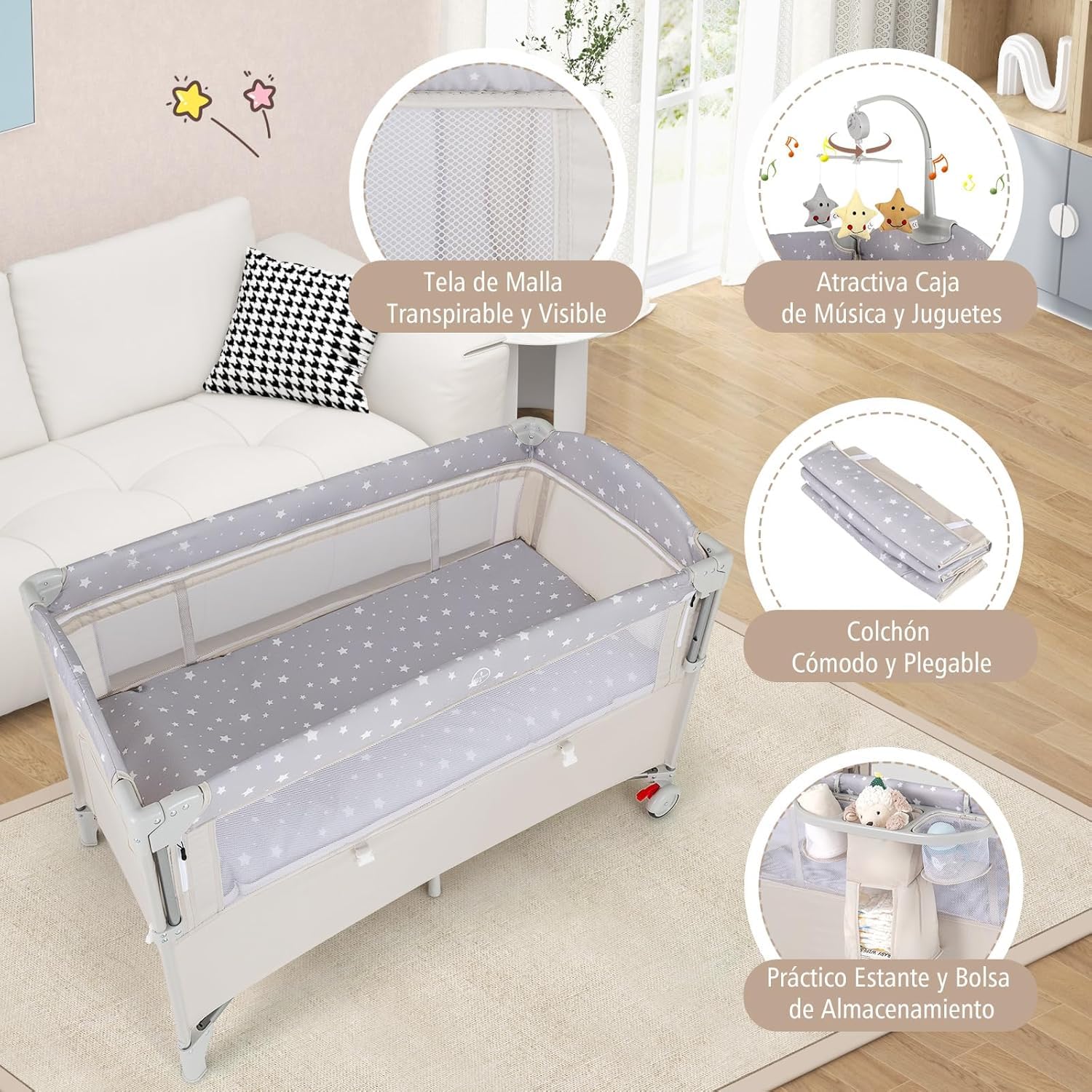 GOPLUS Cuna de Viaje para Bebé 5 en 1, Cuna Colecho Plegable con Cambiador de Pañales, Juguetes, Caja de Música, Colchón y Estante, Parque Bebe Portátil con Bolsa de Transporte (Beige)