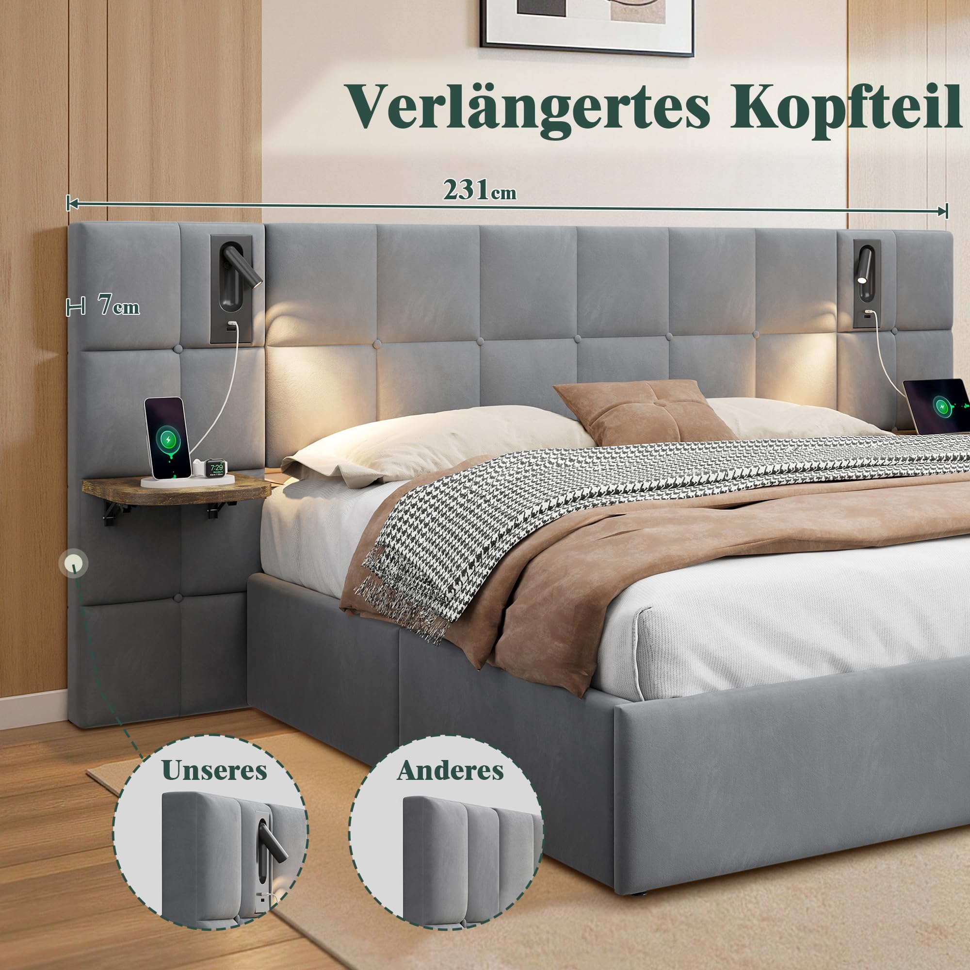 LUXOAK Polsterbett mit Stauraum, Gasdruckfeder, Grau | Bettkasten mit Gasfedern | Leselampen, USB-A/C + Klappablage | stabiler Rahmen bis 454kg Tragkraft