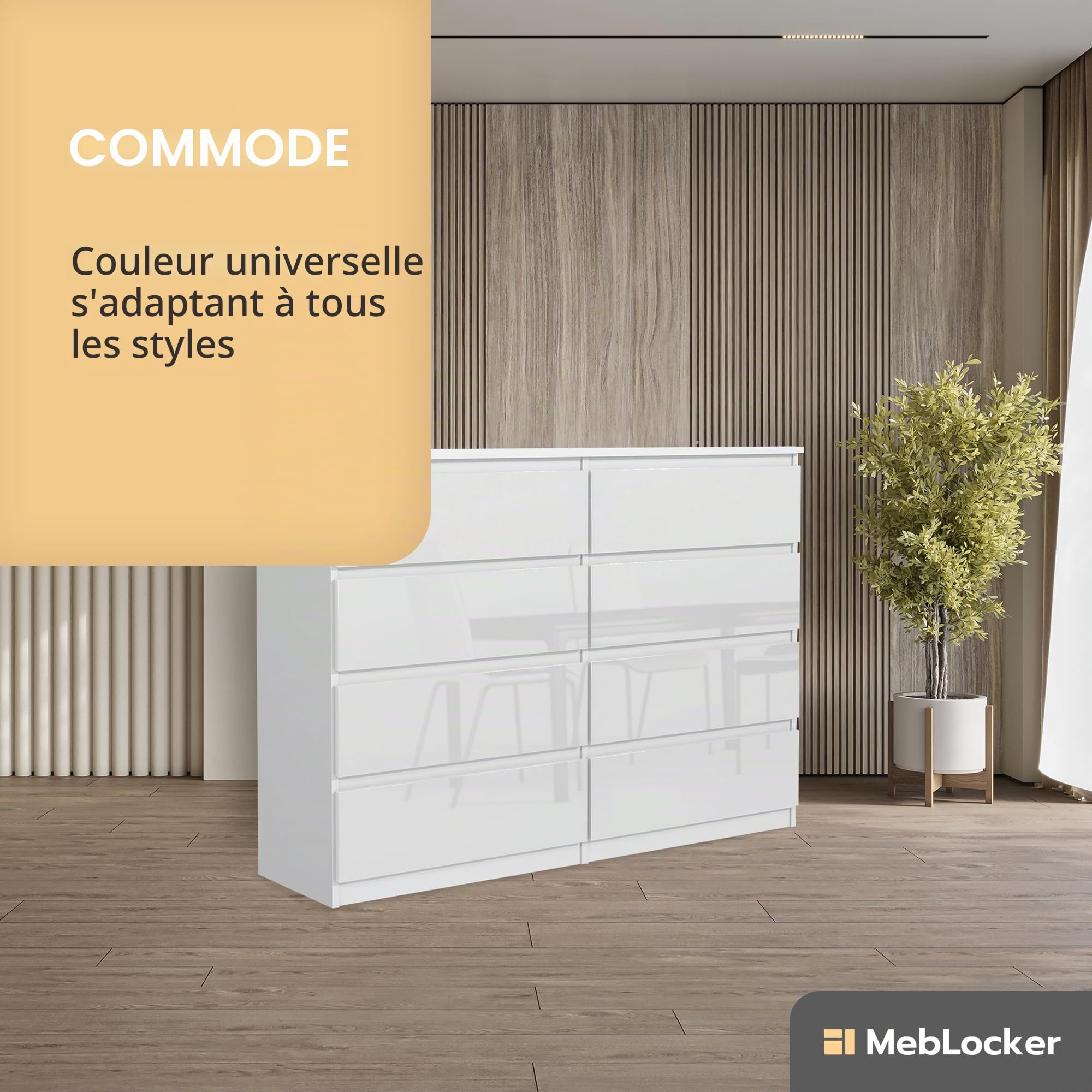 Commode 140 cm, 8 tiroirs, Blanc avec des Façades Brillantes | Commode Moderne, Meuble de rangement, Buffet Salon, Commode Chambre, Armoire à tiroirs 138,5x101,5x39 cm