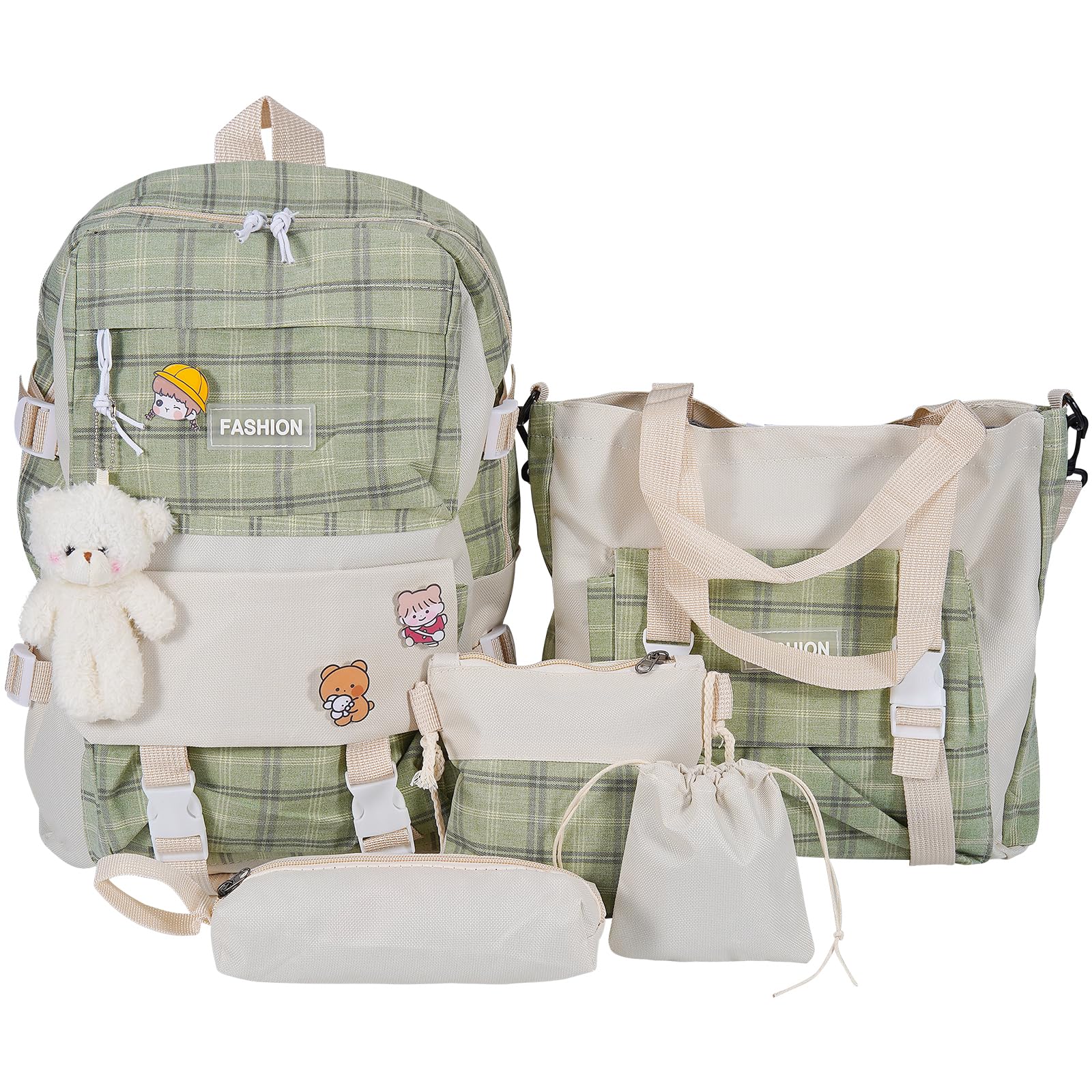 Mordelar 5Pcs Canvas School Backpack Combo Set with Kawaii Bear Pendant Cute Pins Plaid Check Handle Shoulder Bag Schoolbag