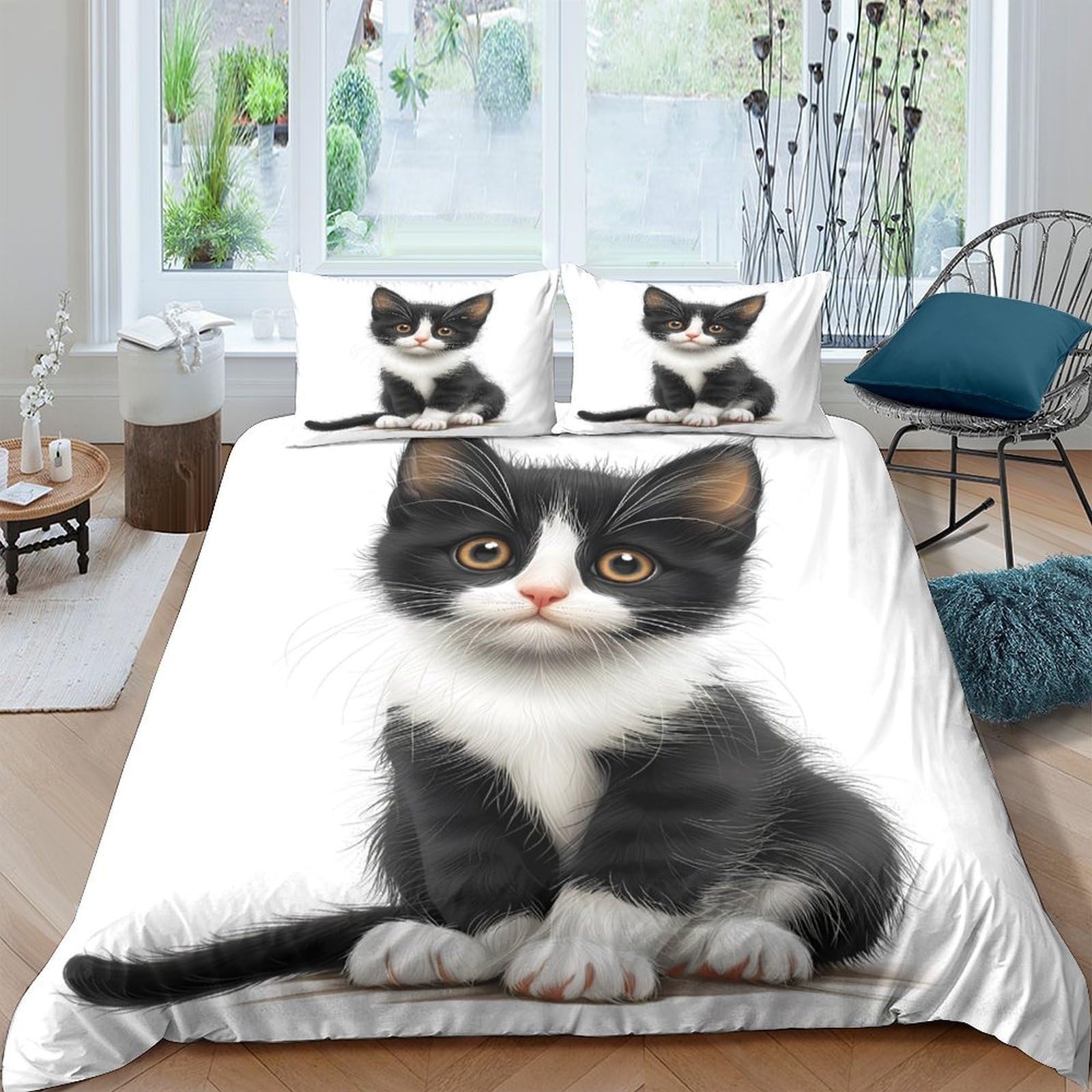 GPLZQXKJNH 3D Printed Black White Kitten Duvet Cover Set Microfiber Soft Breathable Cat Print Bedding with 2 Pillowcases for Bedroom Decor Rental Single（135x200cm）