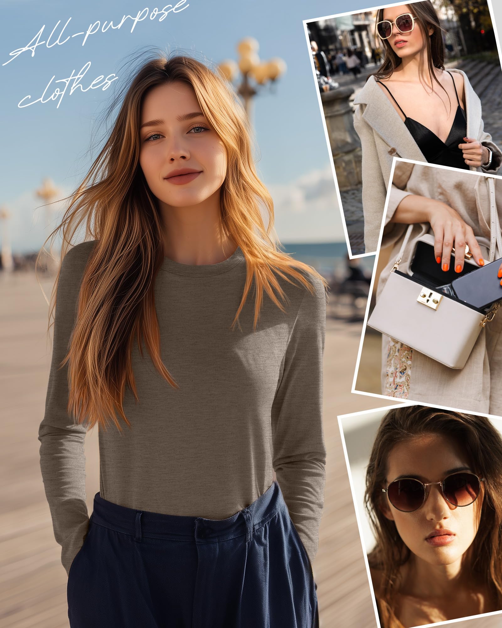 Ficerd 3 Pack Women's Long Sleeve T-Shirts Crew Neck Casual Loose Fit Tunic Fall Tops Regular Shoulder Basic Tee Outfits