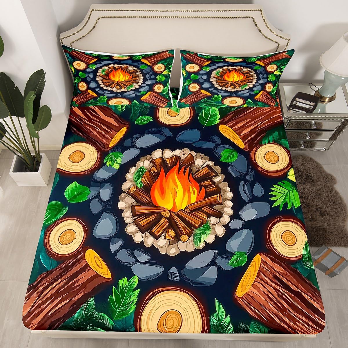 Erosebridal Campfire Bed Sheets Queen Size Tree Seats Fitted Sheet Cartoon Funny Owl Mushroom Bed Set for Kids Woodland Stump Brown Leaves Flowers Deep Pocket Bedroom Decor