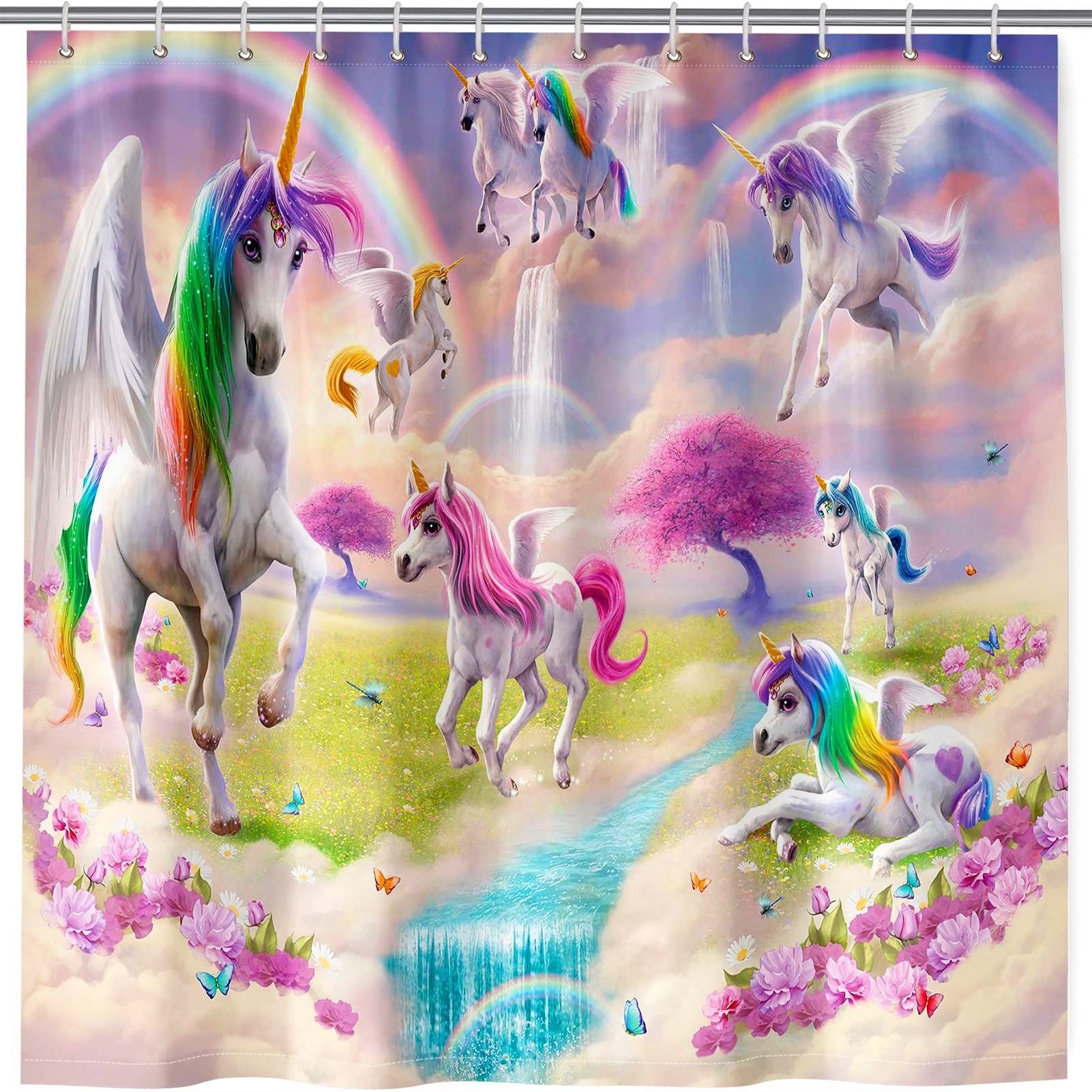 ANHOPE Unicorn Shower Curtain, Colorful Fantasy Art Theme Rainbow Waterfall Butterfly Flower Print Pattern Bath Shower Curtain Waterproof Fabric Bathroom Bathtub Decor Set with 12 Hooks 72 x 72 Inch