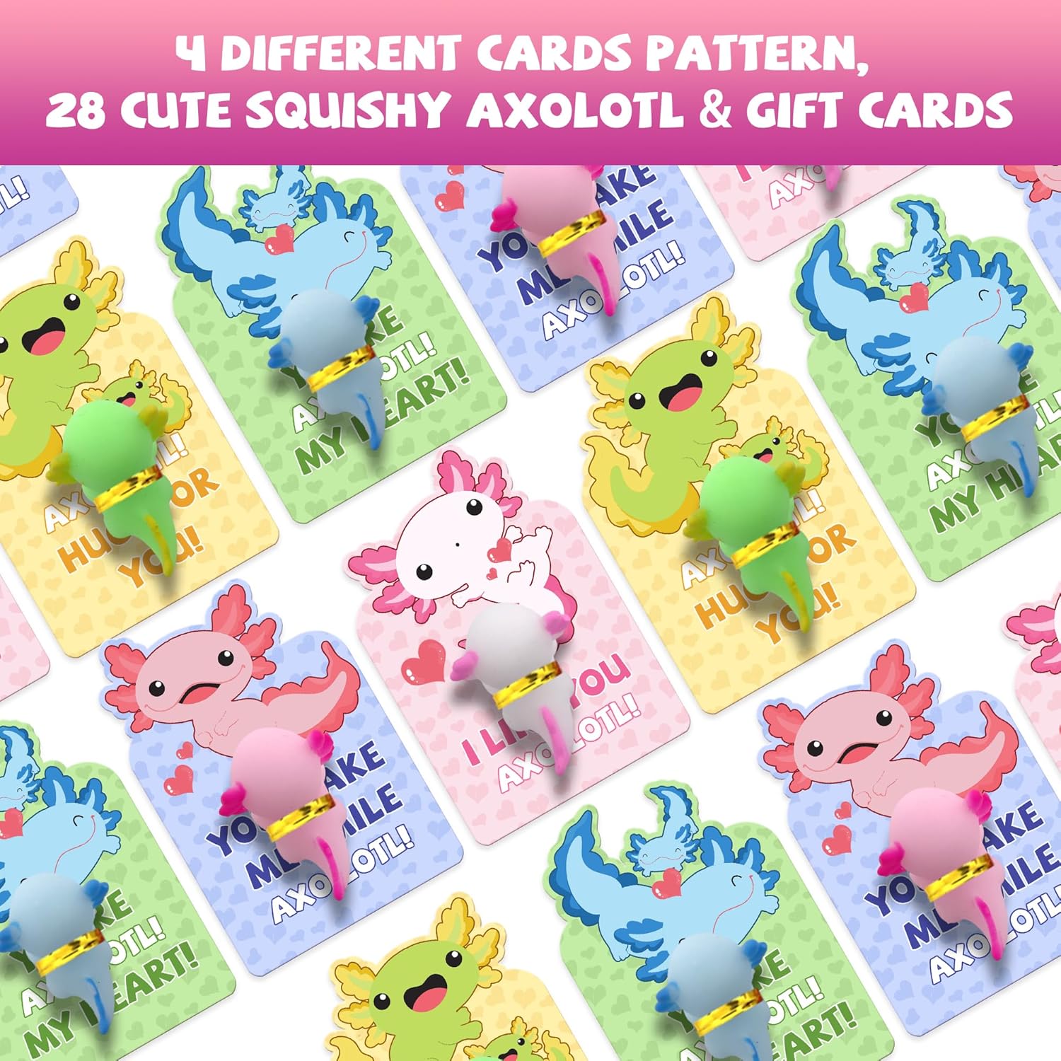 28Pack Axolotl Valentines Cards for Kids Classroom, Axolotl Squishies Mochi Valentine Gifts for Kids Class, Animal Mochi Squishy to Squeeze Toys for School Valentine's Day Exchange Gifts Party Favors