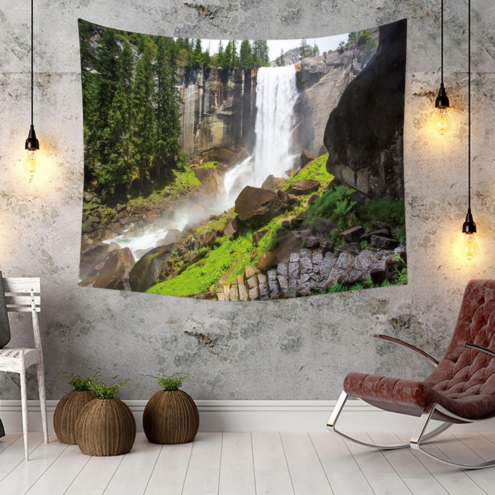 Homxi Tapiz para Sofá 200 W x 200 H CM, Cascada y Árboles, Tapices de Sofá Poliéster, Gris Verde