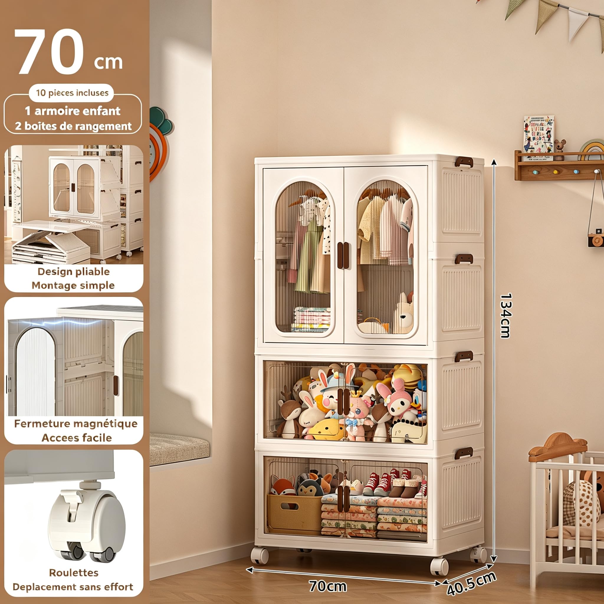 Armoire à vêtements pliable à roulettes, capacité 365L, 3 étagères en plastique, portes transparentes, anti-poussière et résistante à l'humidité