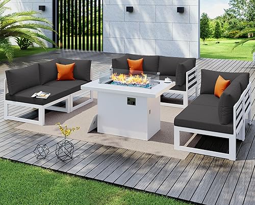 Miniatura 946 de NICESOUL 7 Piece White Powder-Coated Aluminum Patio Furniture with Fire Pit Table, 29 Inch Extra Wide Outdoor Sectional Sofa for 6, High-End Heavy
