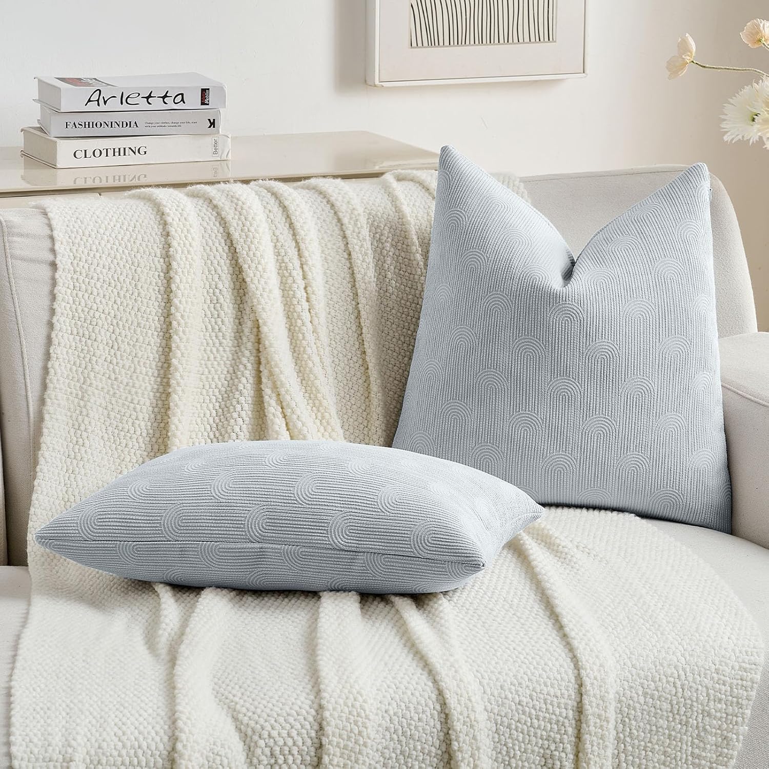 FUTEI Light Blue Chenille Decorative Throw Pillow Covers 24x24 Inch Set of 2,Soft Cozy Striped Geometric Patterns European Cushion Cases,Modern Home Decor for Couch Bed Living Room