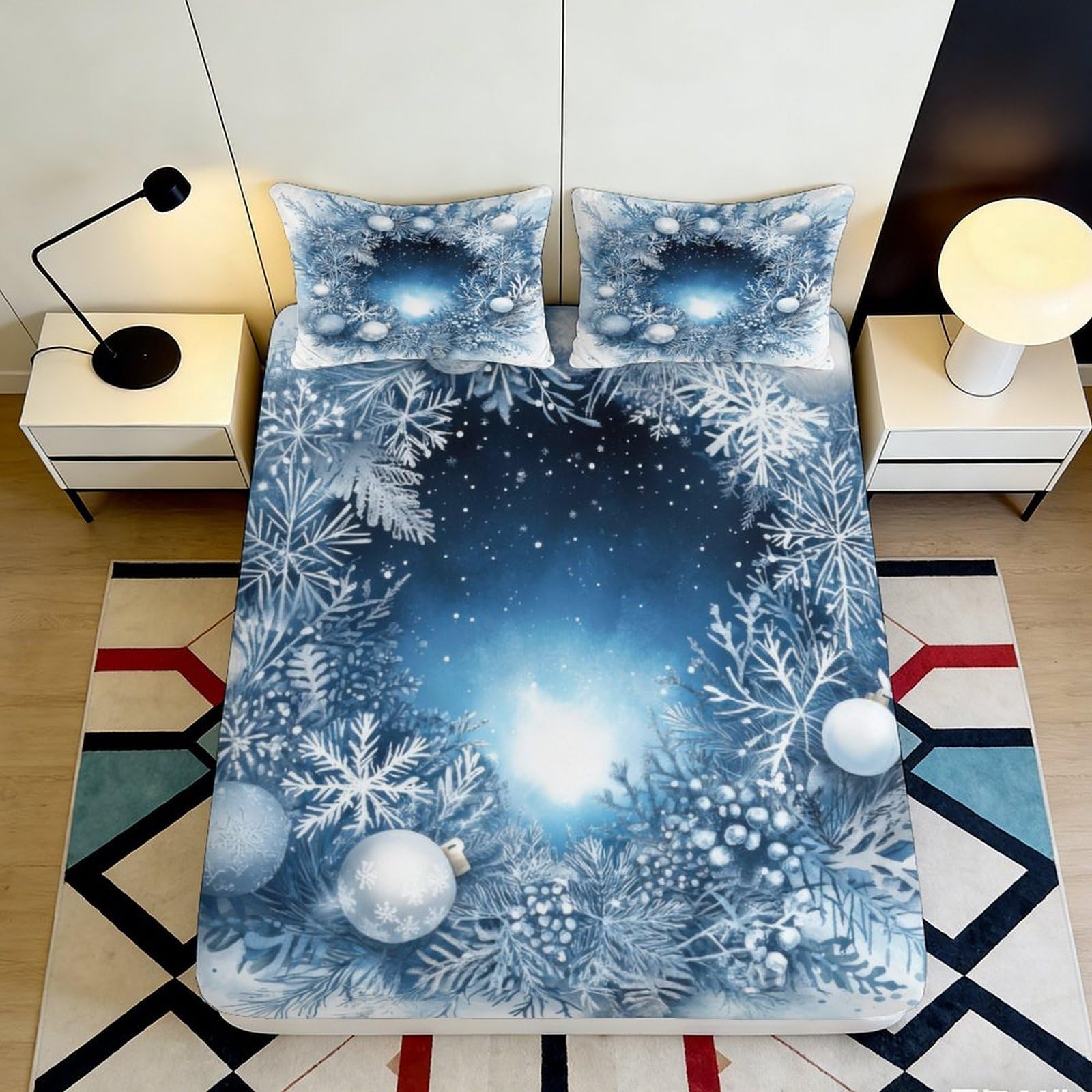3D Printed Christmas Snowflake Fitted Sheet Microfiber Deep Pocket Bedding Set Elastic Hem Christmas Mattress Fitted Cover Washable Non-Slip Wrap 200x200x25cm 90x200x25cm