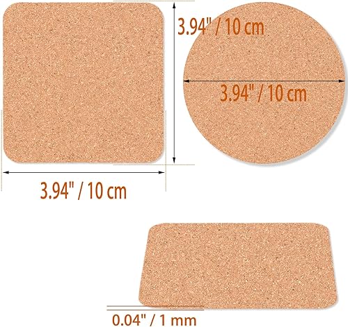 Miniatura 2 de 54 posavasos y tapetes de corcho, cuadrados de 4 pulgadas, bordes curvados y almohadillas redondas (54 piezas)