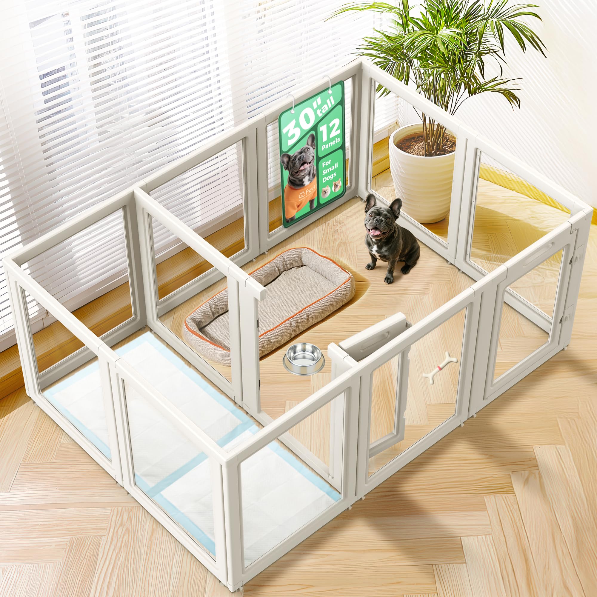 Photo 1 of FXW AuraSpace Acrylic Indoor Dog Playpen for Small and Medium Dogs, 30 Inch, 12 Panels, White
