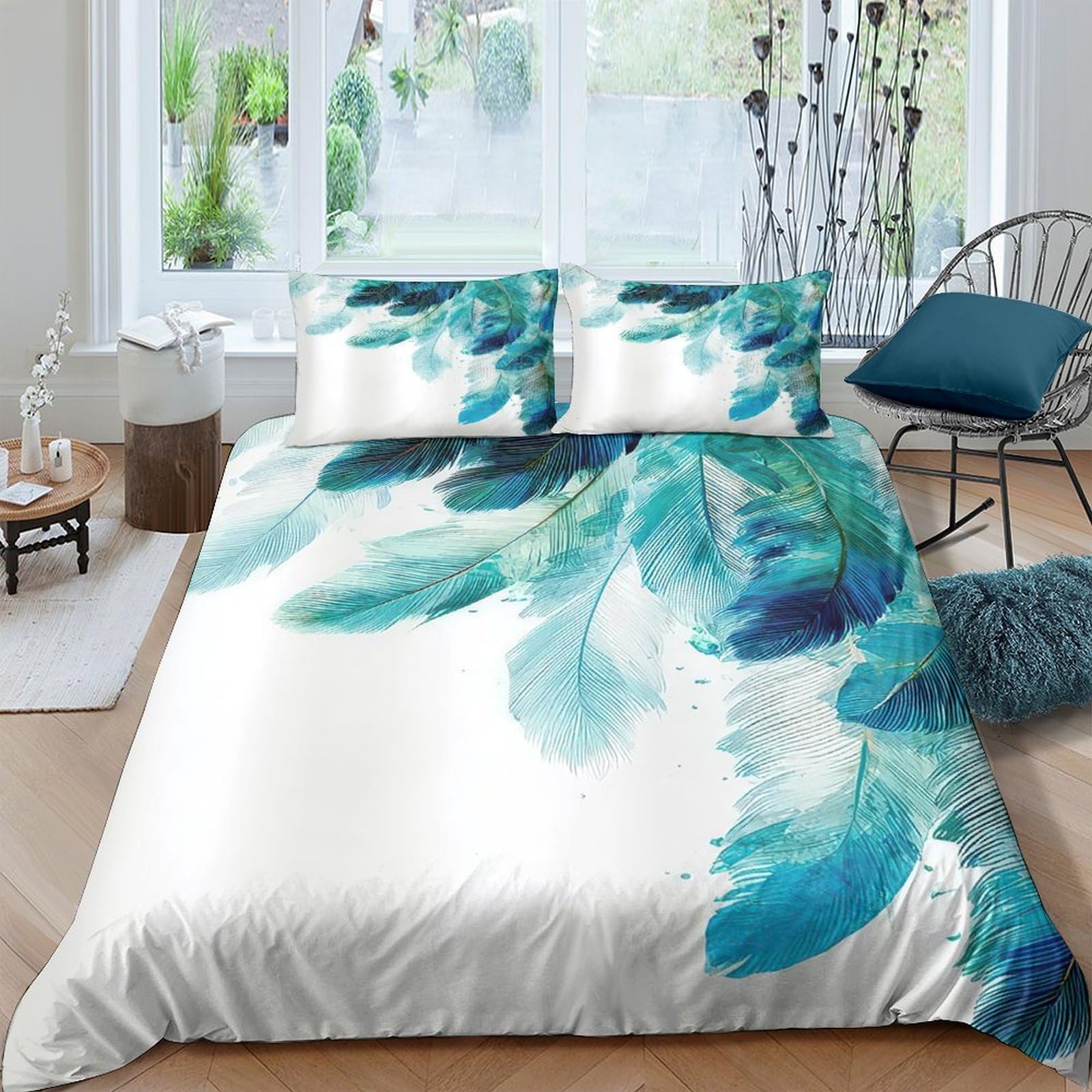 Ctjqhvkz Style-2 3D Printed Blue Feather Fitted Sheet Microfiber Soft Bedroom Decor Mattress Cover For Adult Teen Room Protection Single（135X200cm）