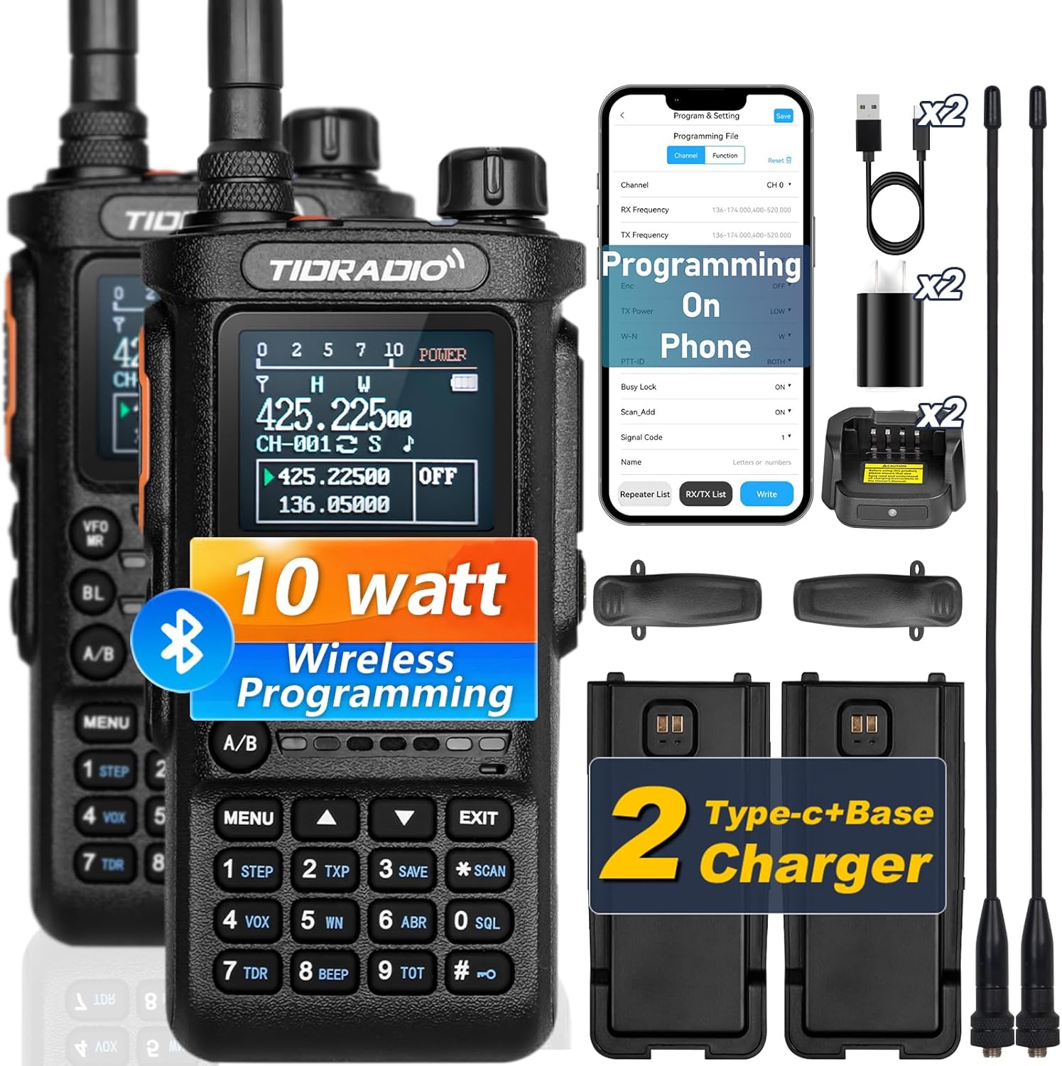Two TIDRADIO TD-H8 radios and all included accessories: batteries, chargers, cables, antennas, and belt clips.