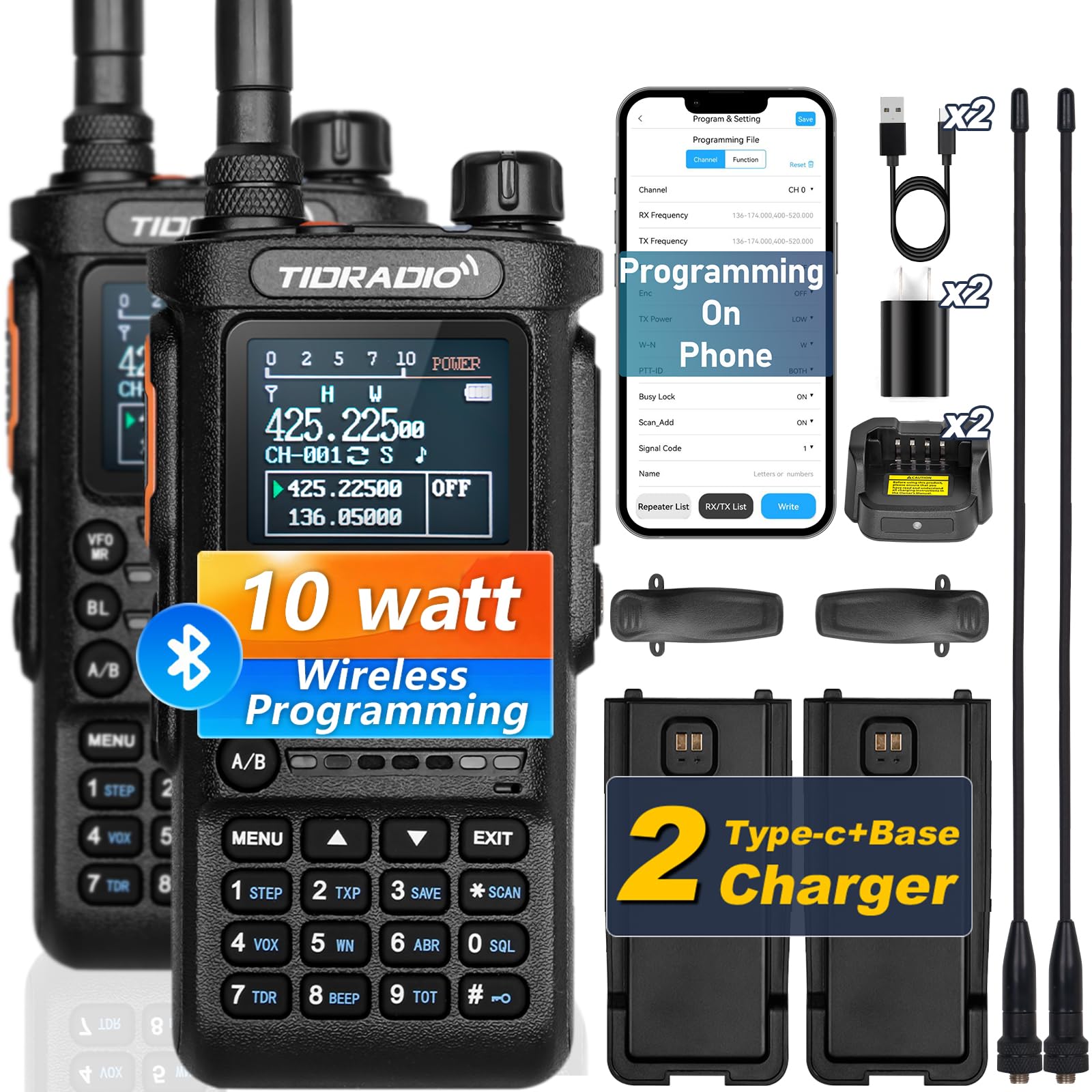 TIDRADIO TD-H8 10 Watt Ham Handheld Radio, APP Wireless Programming, Long Range Two Way Radio, 2500mAh USB-C Battery,1.77" Color Screen, FM, NOAA, Survival Gear Walkie Talkies -2 Pack