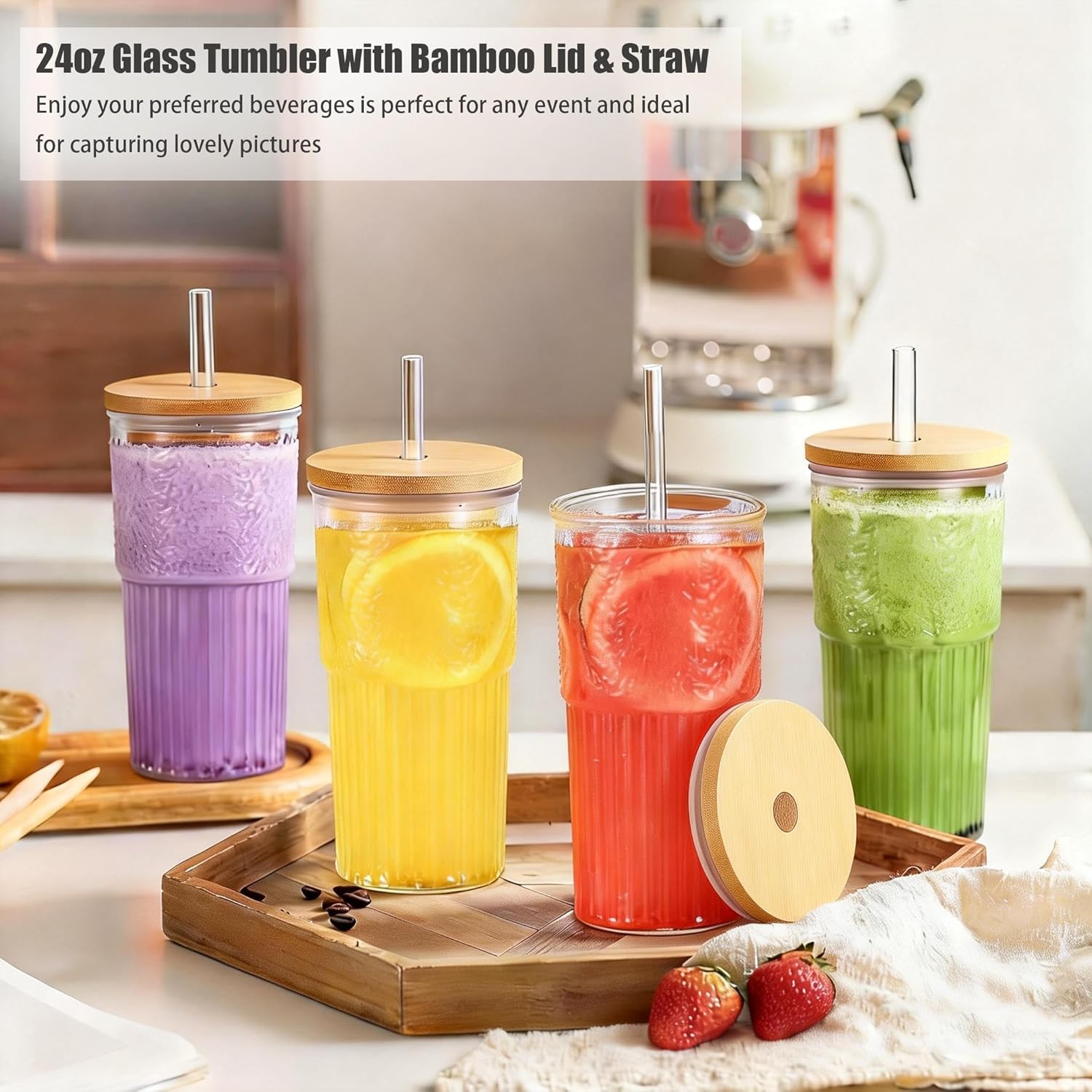 24Oz Embossed Glass Tumbler with Bamboo Lid and Straws, 4PCS Large Capacity Iced Coffee Cup with Cleaning Brushes, Ribbed Coffee Cups, Vintage Drinking Cold Beverages for Iced Coffee, Tea, Juice