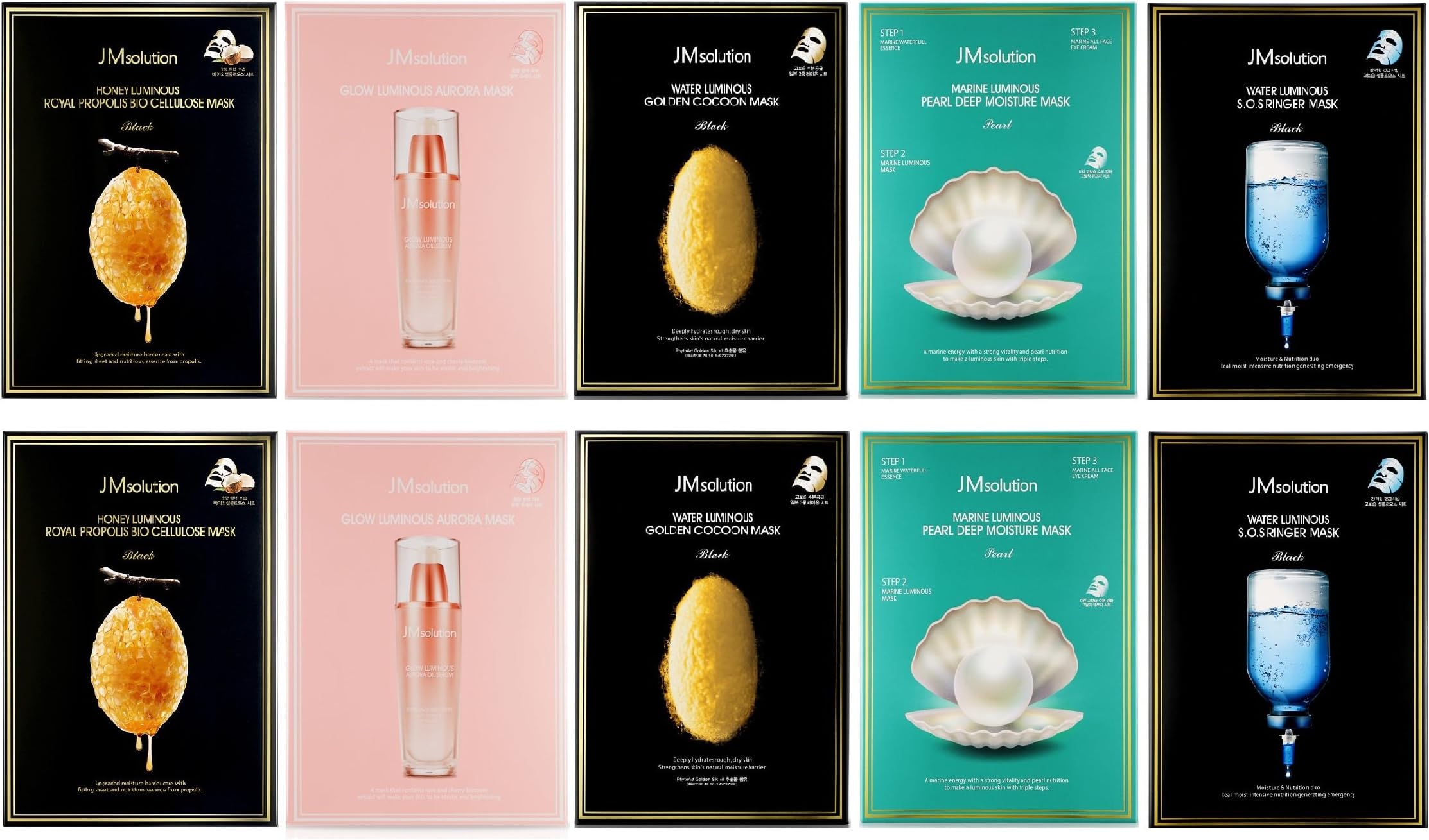 JM solution Best 5 Combo Mask Sheet Pack of 10, Aurora, Cocoon, SOS, Marine, Propolis, JMSOLUTION