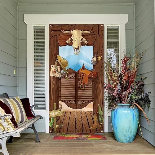 Miniatura 6 de Cubierta de puerta de vaquero occidental, decoración de fiesta, suministros de cumpleaños occidental, tela grande, letrero de puerta de vaquero del