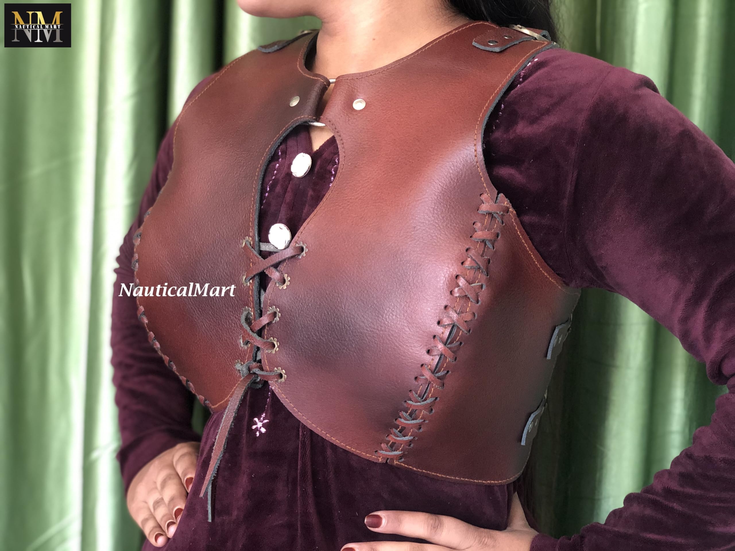 Medieval Leather Woman Brown Viking Chest Armor LARP Cosplay Lady Cuirass Armor Viking Halloween Costume (Red)