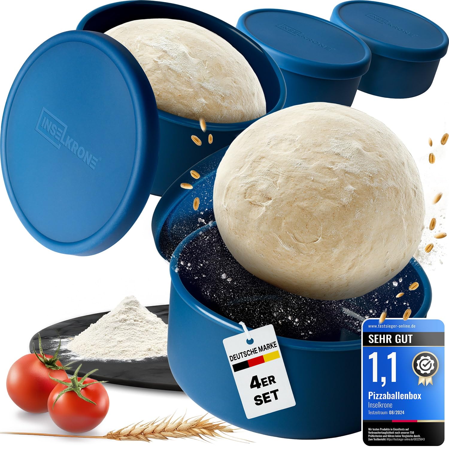 Pizzaballenbox mit Deckel 4er Set - Perfekt als Pizzabox, Gärbox & Teigbox - bis zu 350g Pizzateig Box - langlebiges Anti-Haft-Silikon - Ideal als Pizza Zubehör - Spülmaschinenfest - Ø14 cm