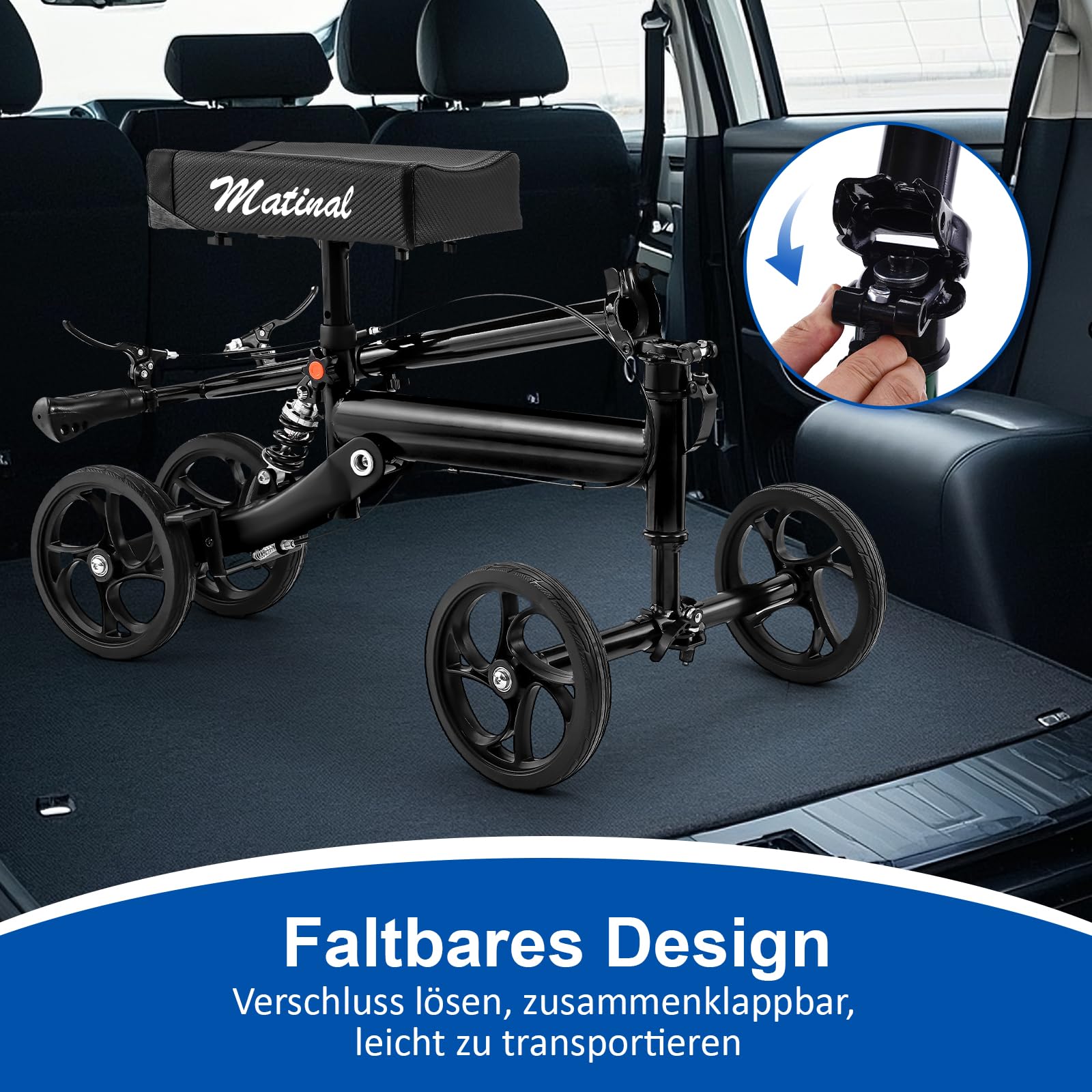 Patinete de rodilla con absorción de impactos, estable hasta 136 kg, altura ajustable para adultos después de la cirugía de pie, incluye bolsa extraíble y rueda delantera de 20 cm, color negro