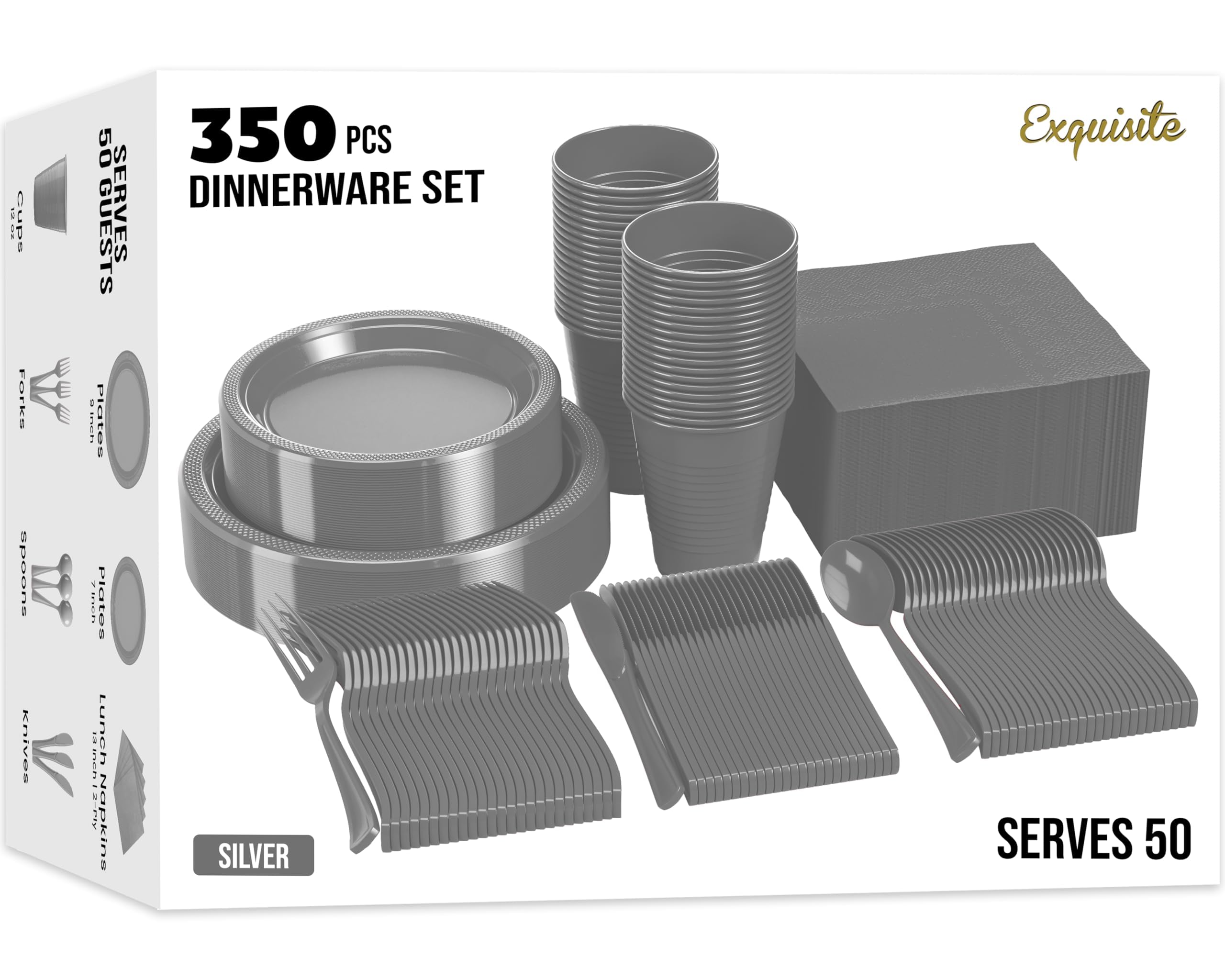 350 Pcs Silver Plastic Plates For Party, Silver Disposable Plates Set, 50 Of Each 9" Dinner Plate Set, 7" Dessert Plate, Cups, Napkins & Cutlery Plastic Dinnerware Party Solids