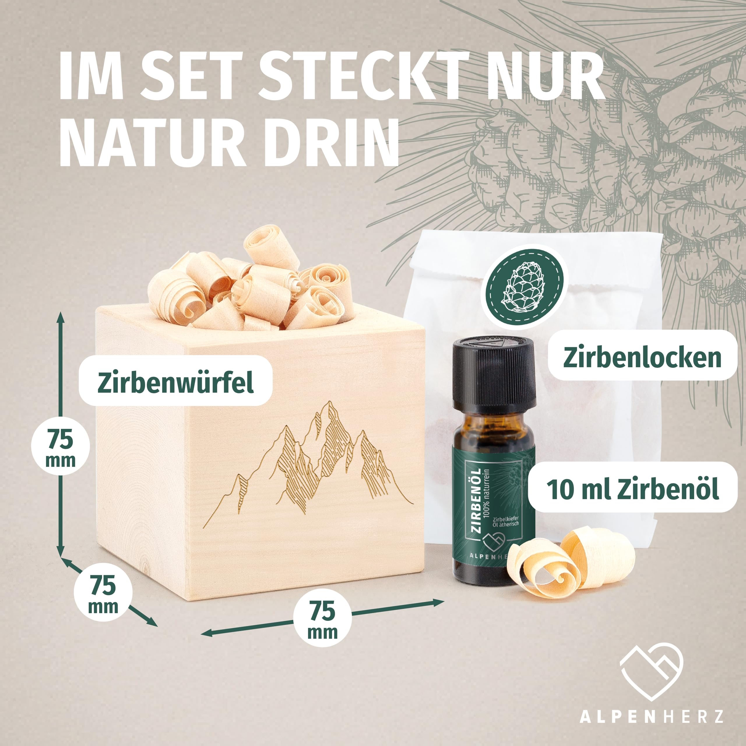 ALPEN HERZ Zirbenwürfel Set - Zirbenöl 10 ml naturrein aus Österreich - Zirbenholz Würfel Duftspender Zirben Duft Holz zur Deko Zirbe Diffuser Geschenke Zirbelkiefer Zirbenlüfter Zirbenset (Bergmotiv)