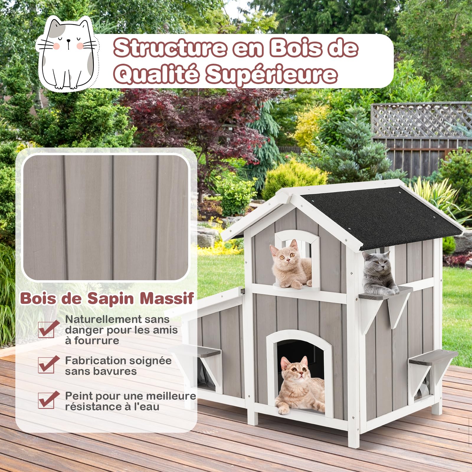 GOPLUS Maison pour Chats à 2 Étage en Bois Surélevée, 101x64x83CM