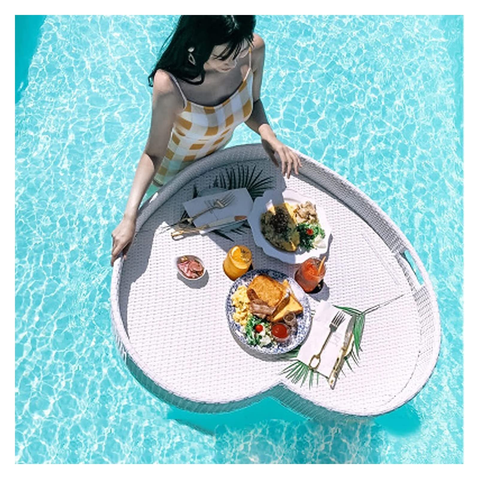 JEEVOO Bandeja Flotante para Servir Mesa de Piscina, Bandeja Flotante de 33.5 x 32.3 x 7.9 in para Piscina, Mesa de Servicio en Forma de corazón, Soporte Flotante para Alimentos y Bebidas