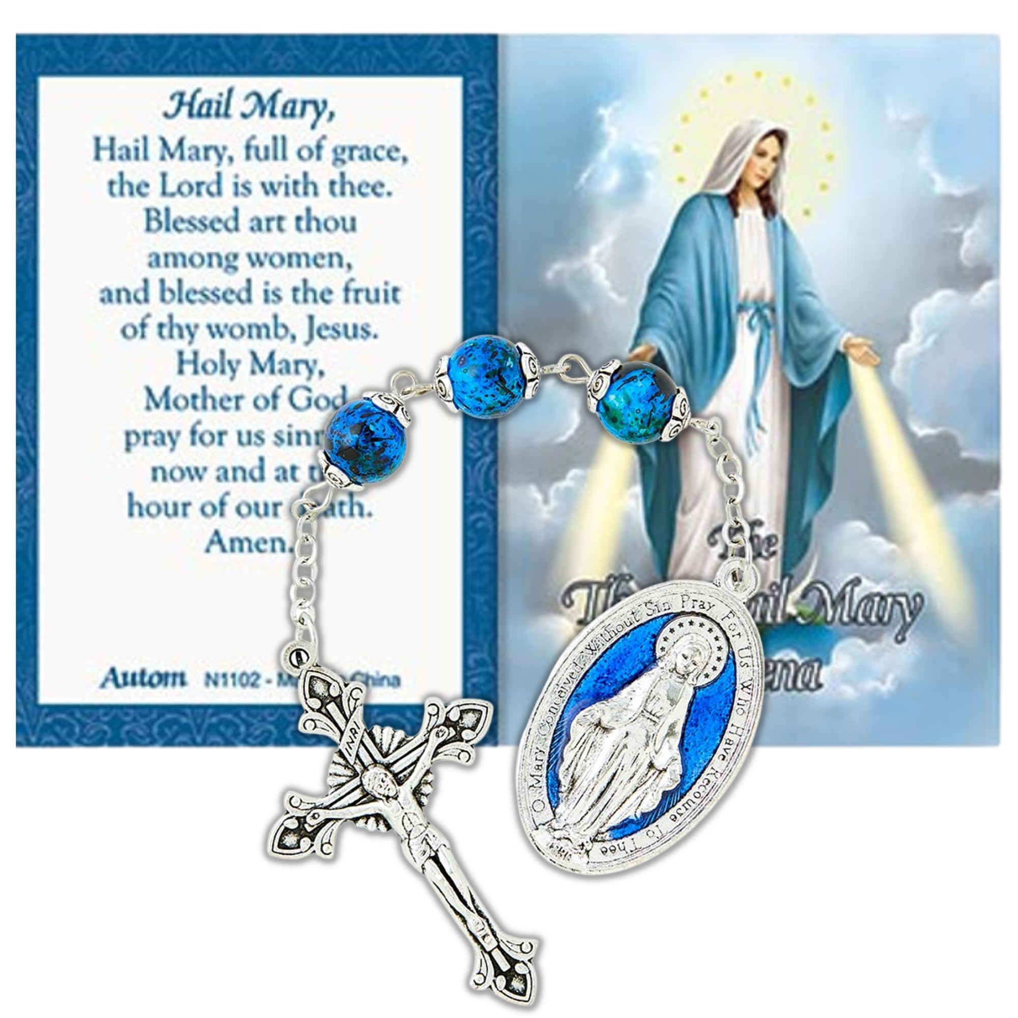 Needzo Hail Mary Chaplet and Prayer Card, Our Lady of Grace Every Day Devotional Guide, Catholic Gifts for Men and Women, 7.5 Inches