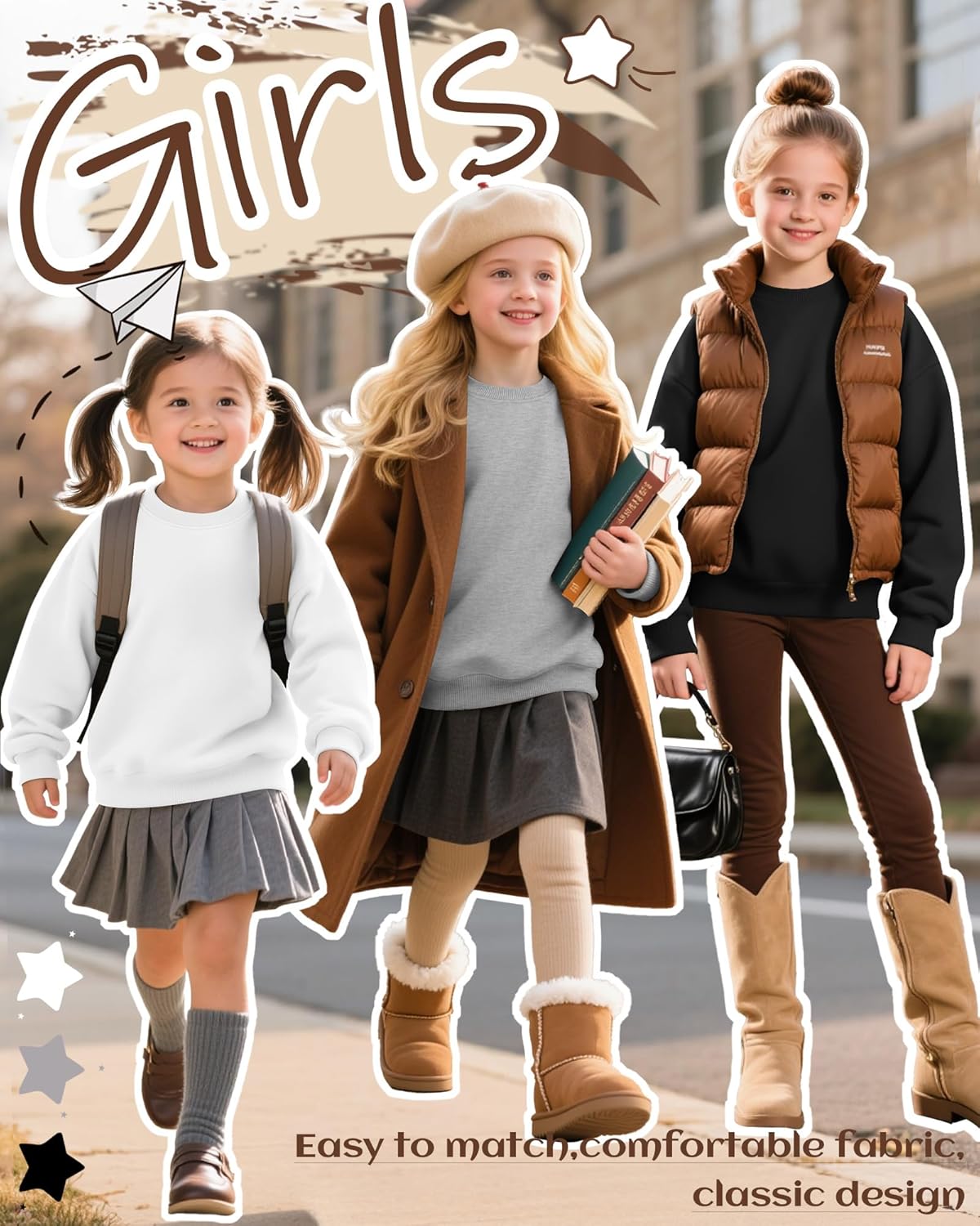 3 Pack Girls Long Sleeve Sweatshirts Crew Neck Kids Lightweight Tops Pullover Casual Loose Shirts for 5-14 Years - Image 2