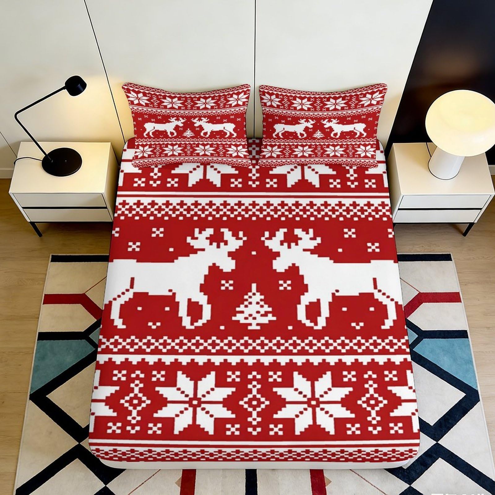 3D Printed Red Christmas Reindeer Fitted Sheet Microfiber Anti-Slip Festive Snowflake Bed Cover for Bedroom Guest Room 140x200x25cm