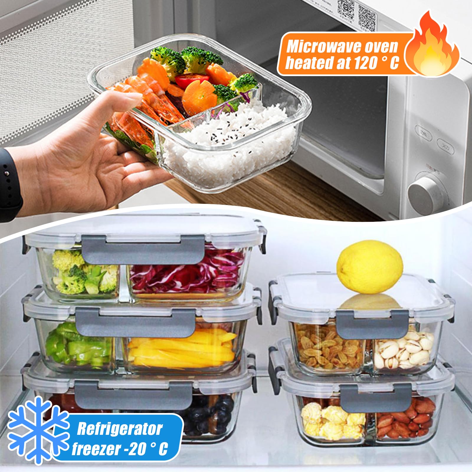 DAMAIXINGSHUO Glass Food Storage Containers(5 Pieces with Partitions,5 Pieces without Partitions),Glass Meal Prep Containers with Snap Lock Leakproof Lids,for Microwave,Freezer,Oven and Dishwasher