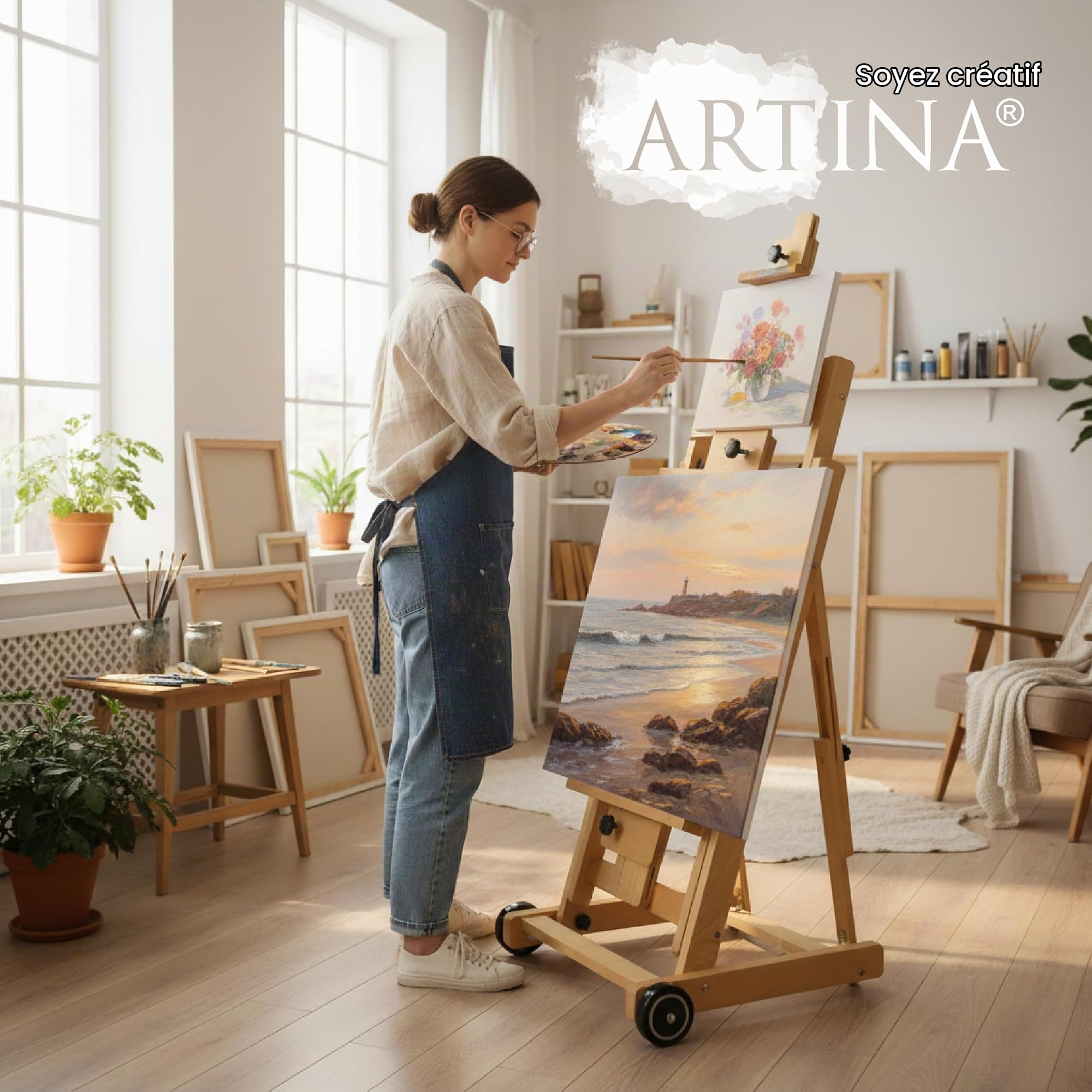 Artina chevalet atelier peinture en bois de hêtre avec support inclinaison