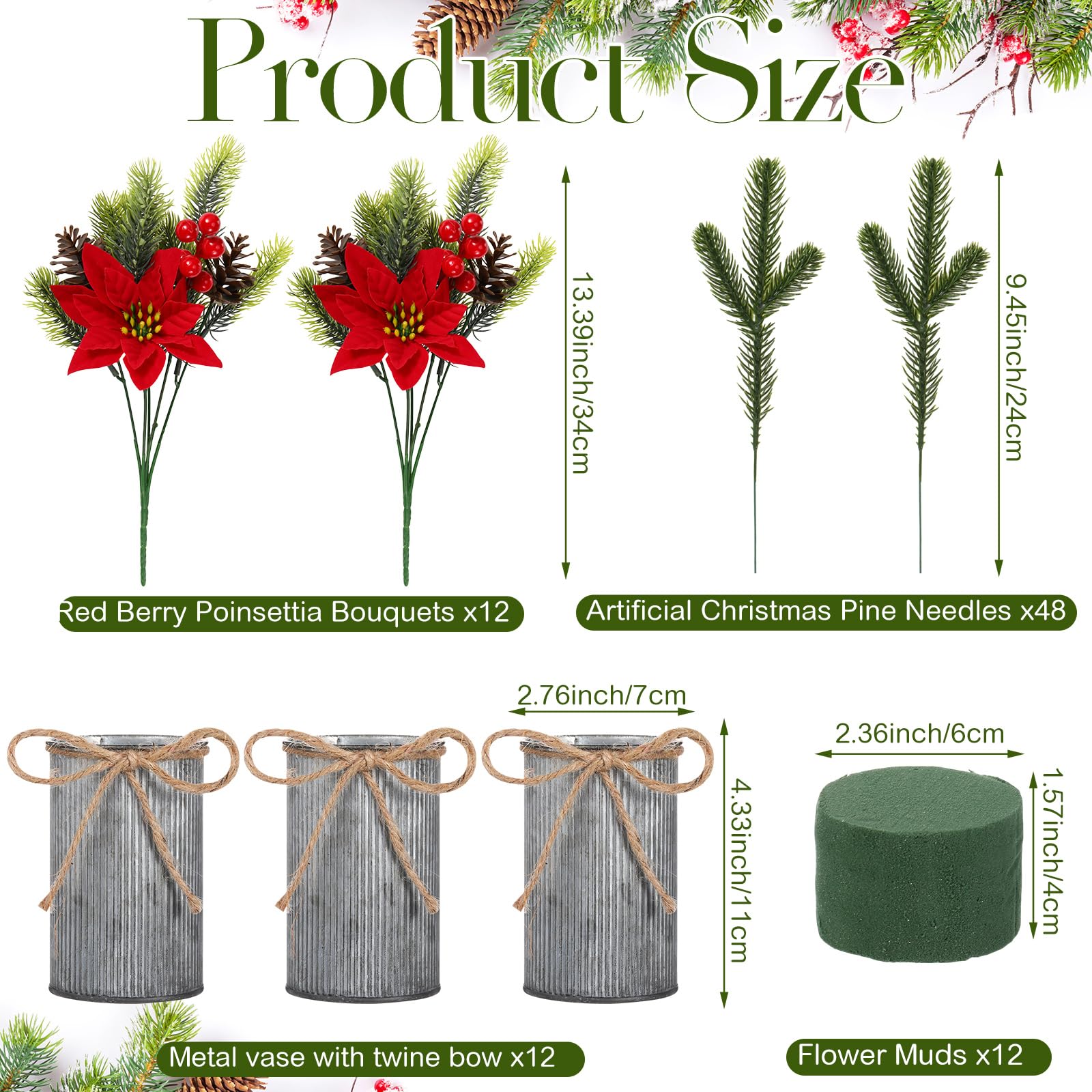 Tioncy Lot de 12 poinsettias artificiels pour table de Noël avec vase en métal - Pics à fleurs de houx rouges - Tiges de pin - Arrangements floraux artificiels pour la maison, la table de fête