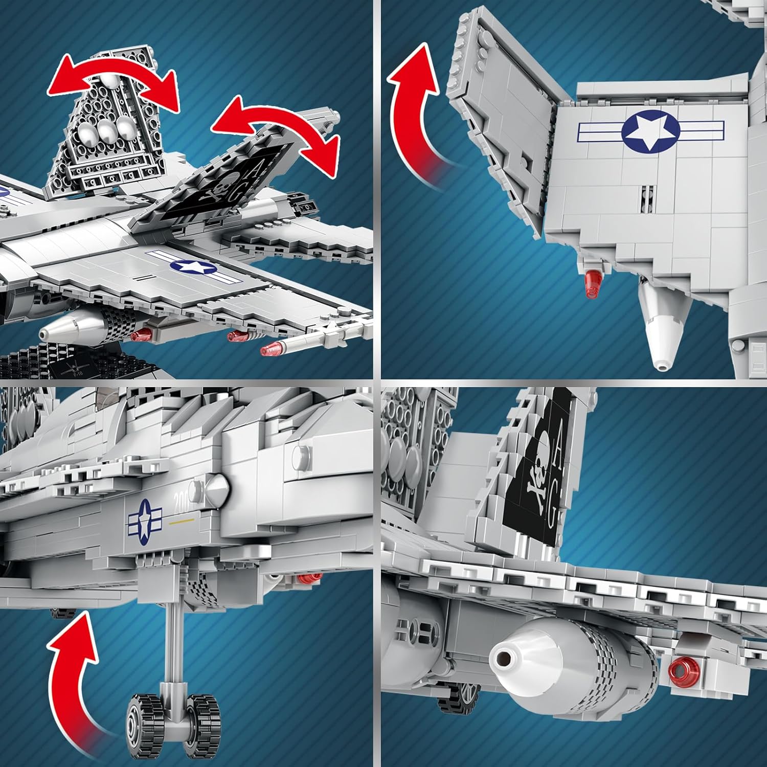 Close-up views of the Reobrix F-18 Hornet model's movable parts, including tail fins, wings, and retractable landing gear.