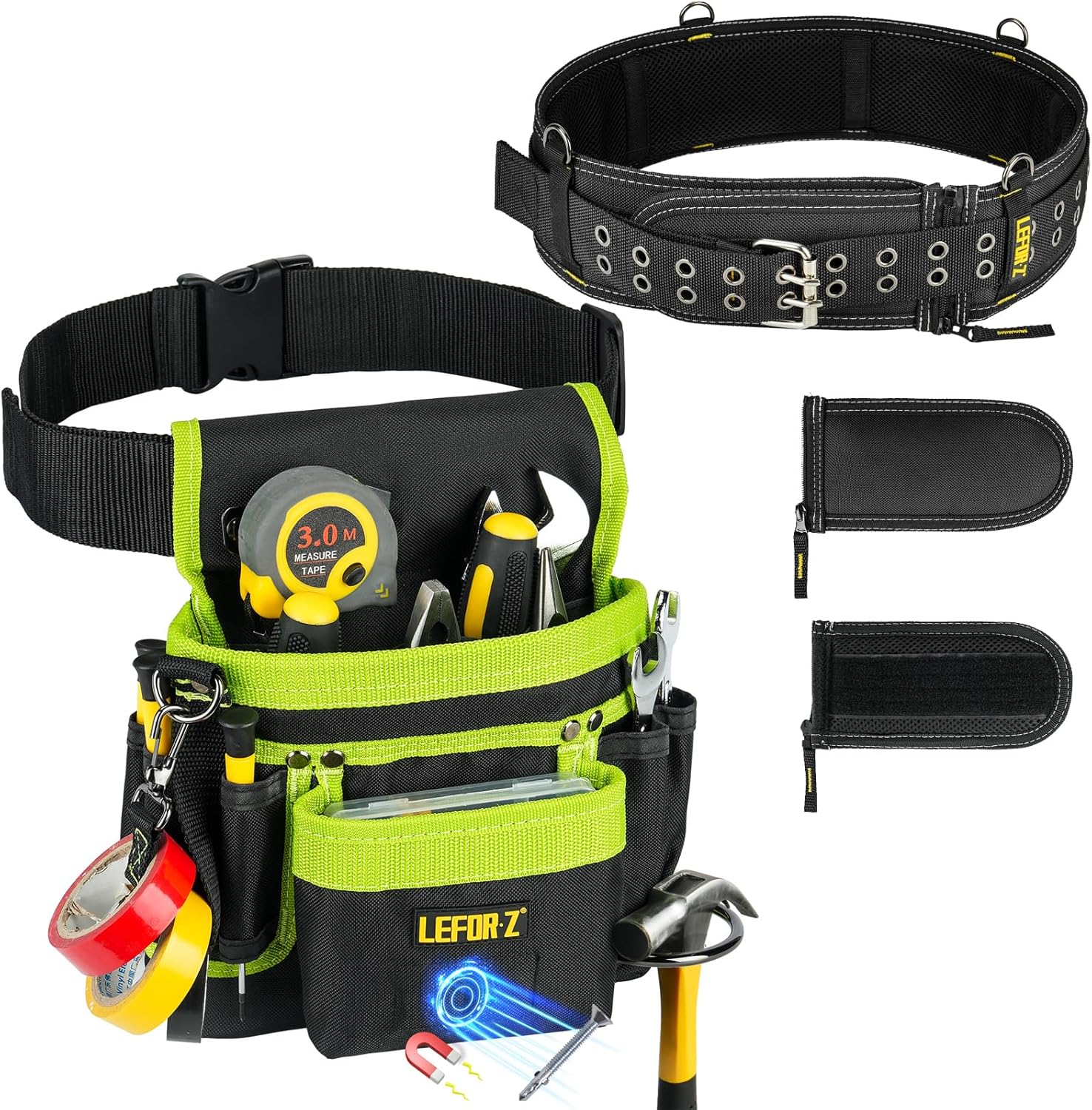 14-Pockets Magnetic Tool Belt Pouch Bag With Replacement Padded Tool Belt(Adjustable Waist 34''-40''),Heavy Duty Tool Belts for Men,Work Belts for Electrician,Carpenter,Construction,Utility Belt