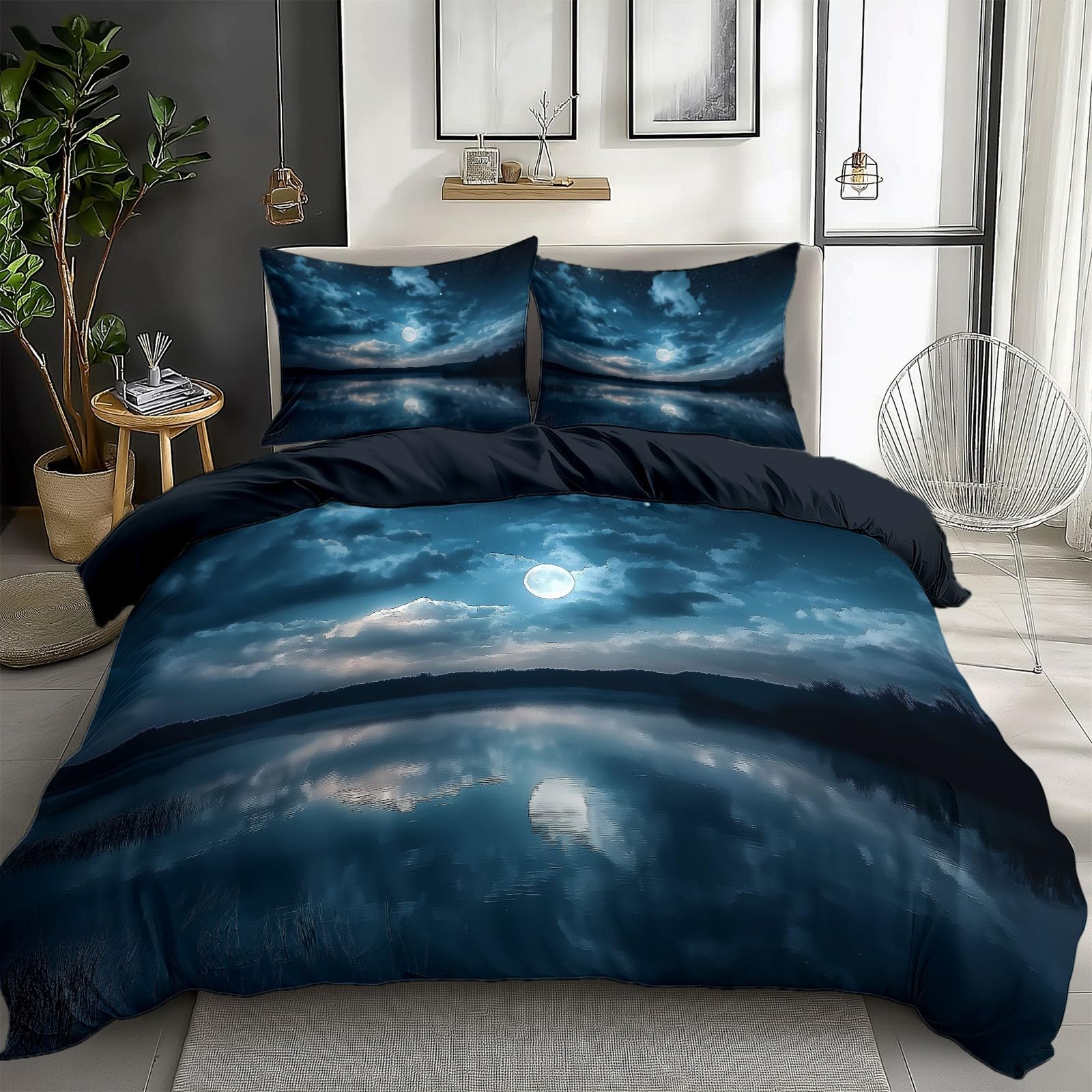 Dark Blue Duvet Cover Queen Size for Kids Teen Scenic Sea of ??Clouds Moonlight Print Bedding Sets with 2 Pillowcase, Reversible Super Soft Bedroom Decor Bed Cover 3 Piece for Boys Girls