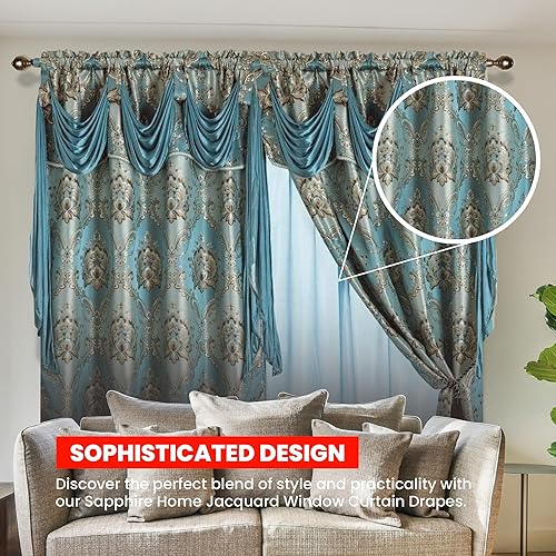 Miniatura 2 de Sapphire Home - Cortinas de jacquard de 8463 pulgadas de longitud con cenefa adjunta + parte trasera transparente + 2 borlas, cortina tradicional