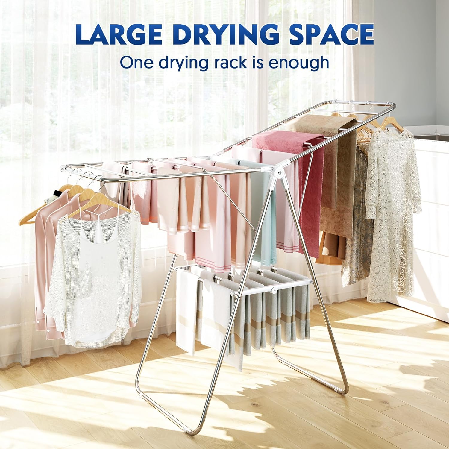 APEXCHASER Clothes Drying Rack, Stainless Steel Drying Rack Clothing with Height-Adjustable, Foldable Gullwings Laundry Drying Rack, Indoor Outdoor Use, No Assembly, White