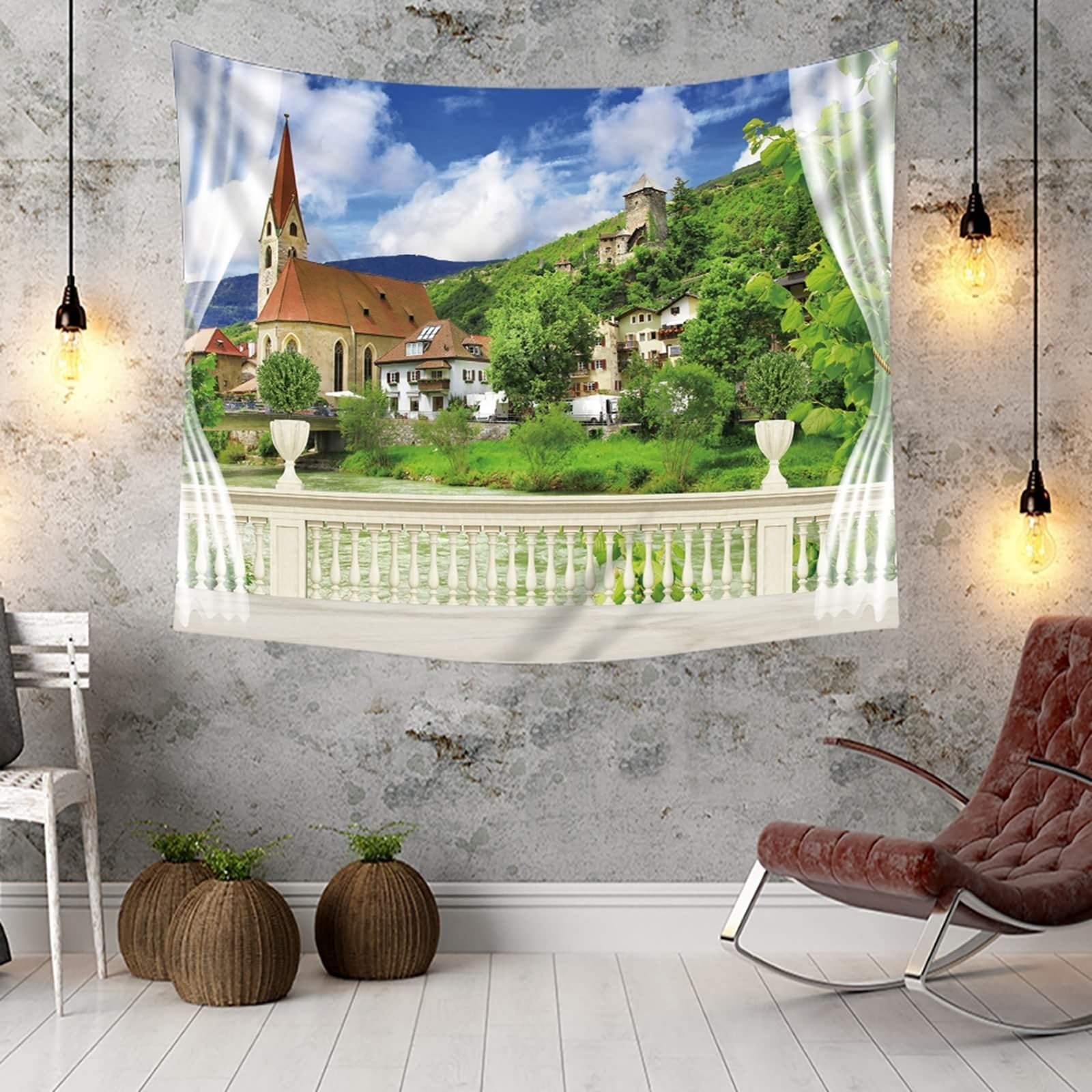 Tapiz verde para decoración de pared de pasillo, tela para balcón y pueblo, microfibra, 260 x 240 cm (ancho x alto)
