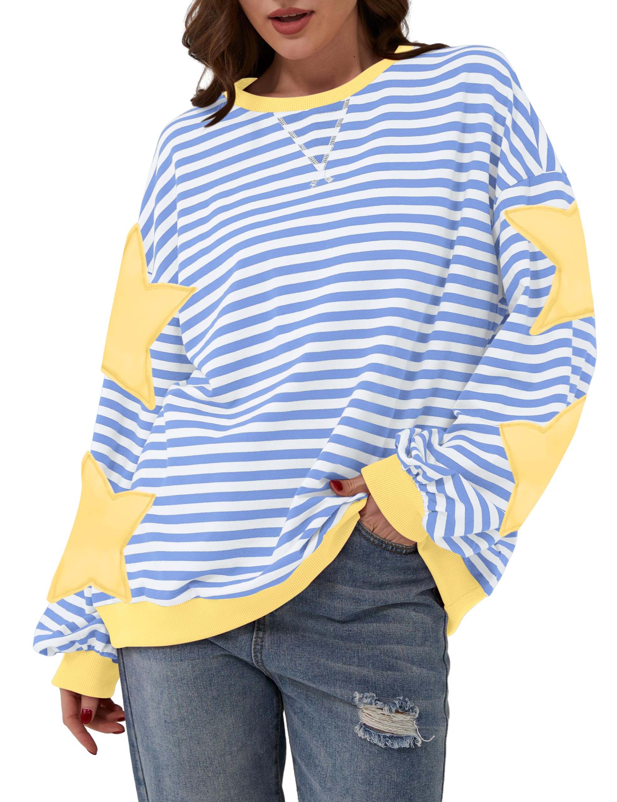 Teriveek Damen-Sweatshirt, Oversize, gestreift, Farbblock, langärmelig, Rundhalsausschnitt, lässig, locker, Y2K-Shirt