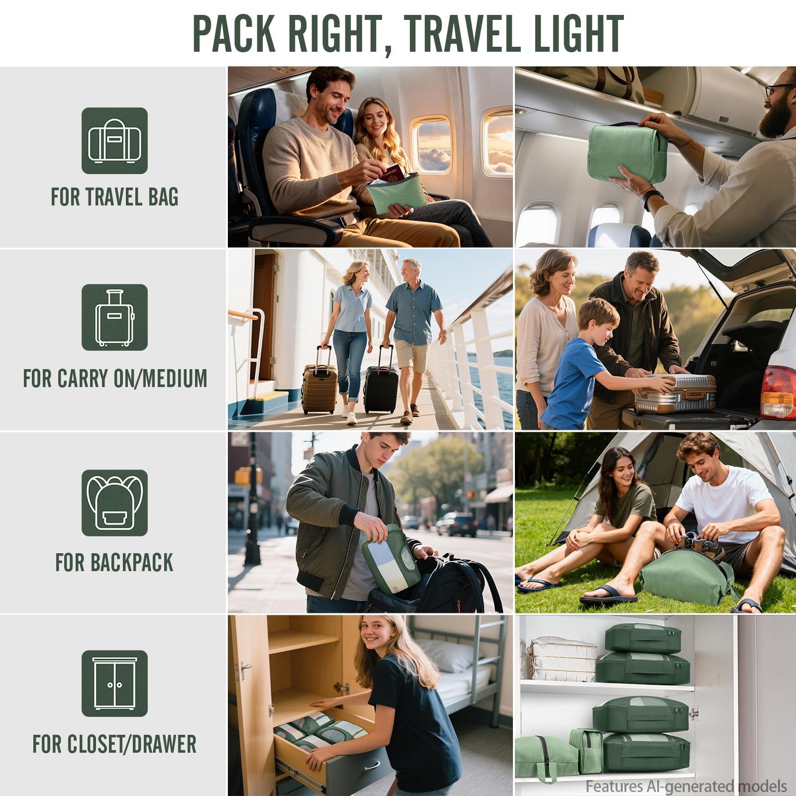Veken 8 Set Packing Cubes for Travel Essentials,Anti-Wrinkle Buckled Suitcase Organizer for Shoe & Toiletry Bag,Carry On Luggage Bag with 99+ Count Mesh Holes for Airplane & College Dorm Accessories view 7