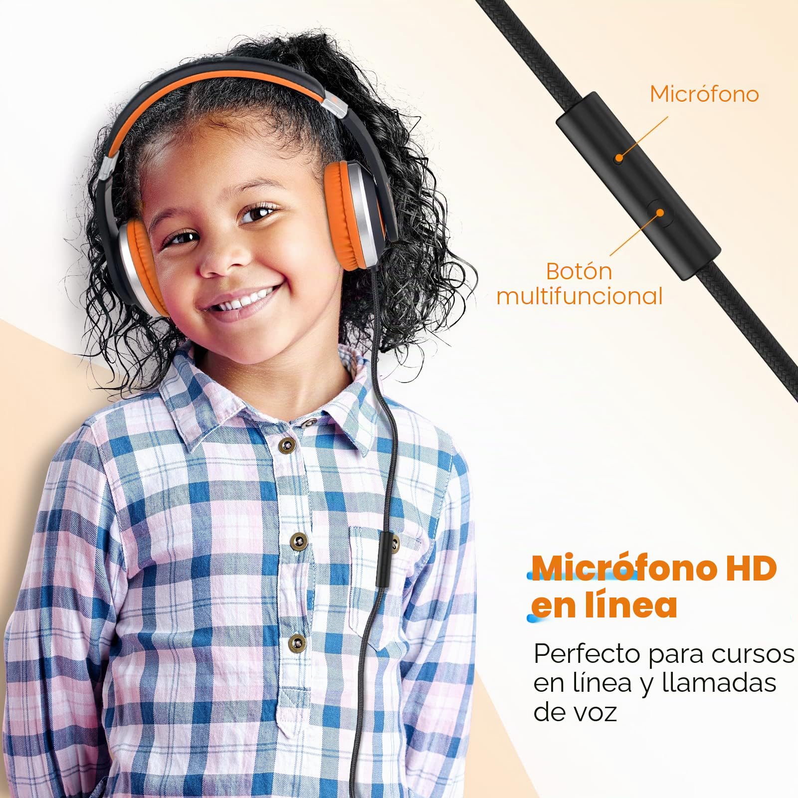 Rockpapa Auriculares con Cable I20, Auriculares estéreo con Cable con micrófono para niños y Adultos, Diadema Ajustable, Auriculares Plegables para Viajes, PC, Mac, Laptop, teléfono (Negro y Naranja)