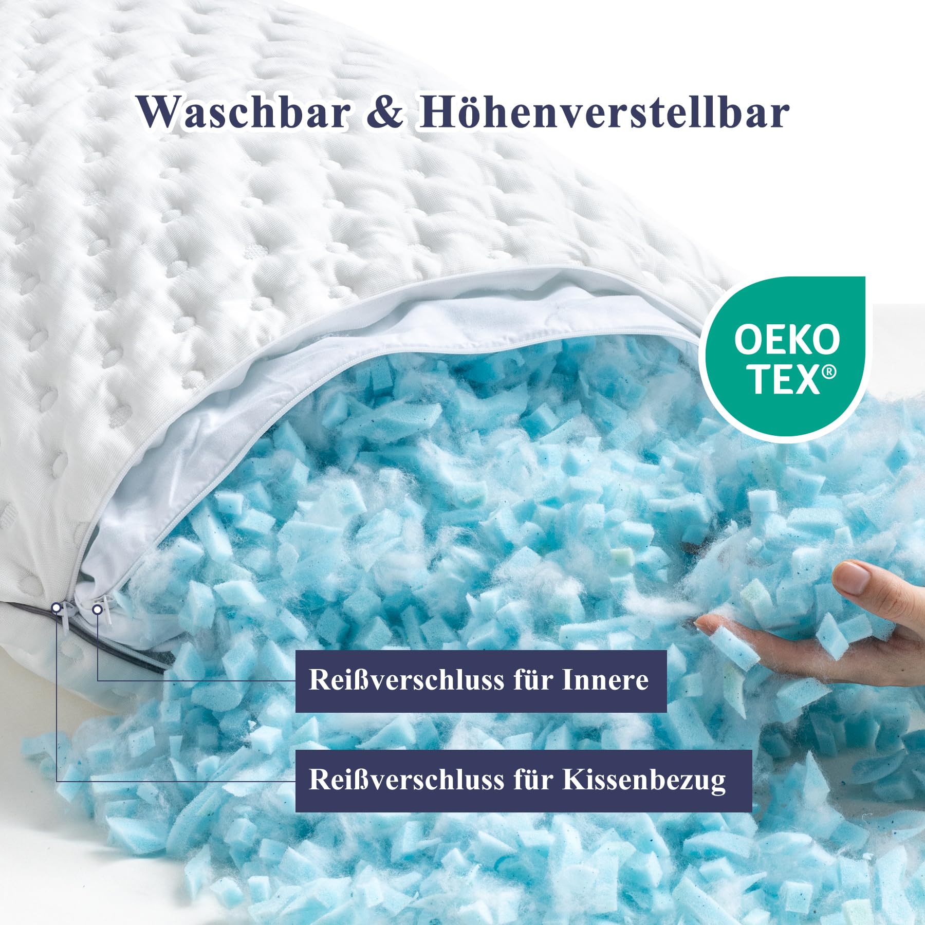 LUCID Hoofdkussen met hybride vulling van gemalen traagschuim en microvezel, uitneembare, aanpasbare vulling, wasbare overtrek, voor zijkanten, rug en buikslapers, 60 x 60 cm, wit