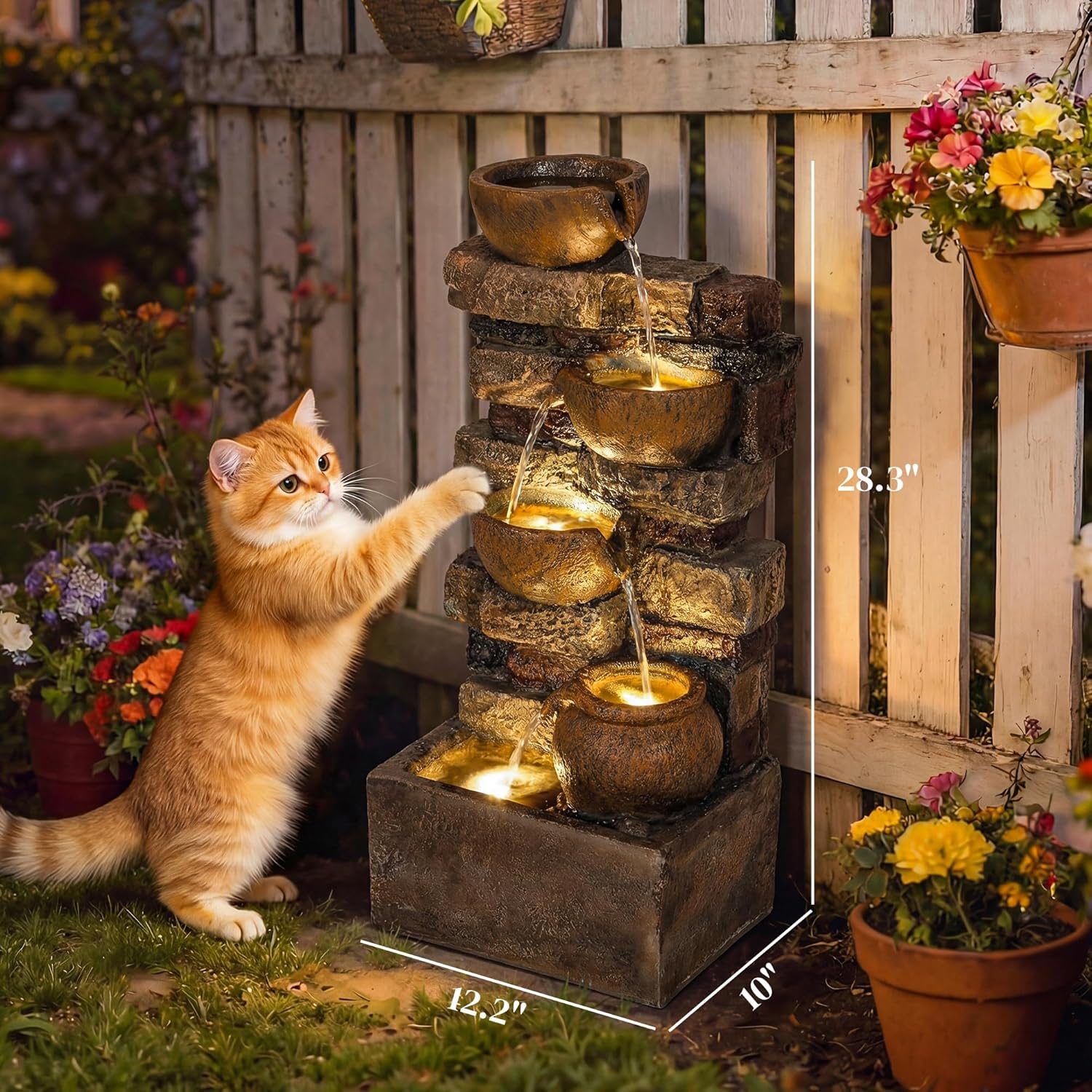 Outsunny 28" Outdoor Fountain with 5-Tier Rustic Jugs and Rock, Cascading Waterfall with LED Lights, Adjustable Flow, Resin Freestanding Garden Fountain for Garden Patio, Rustic Brown