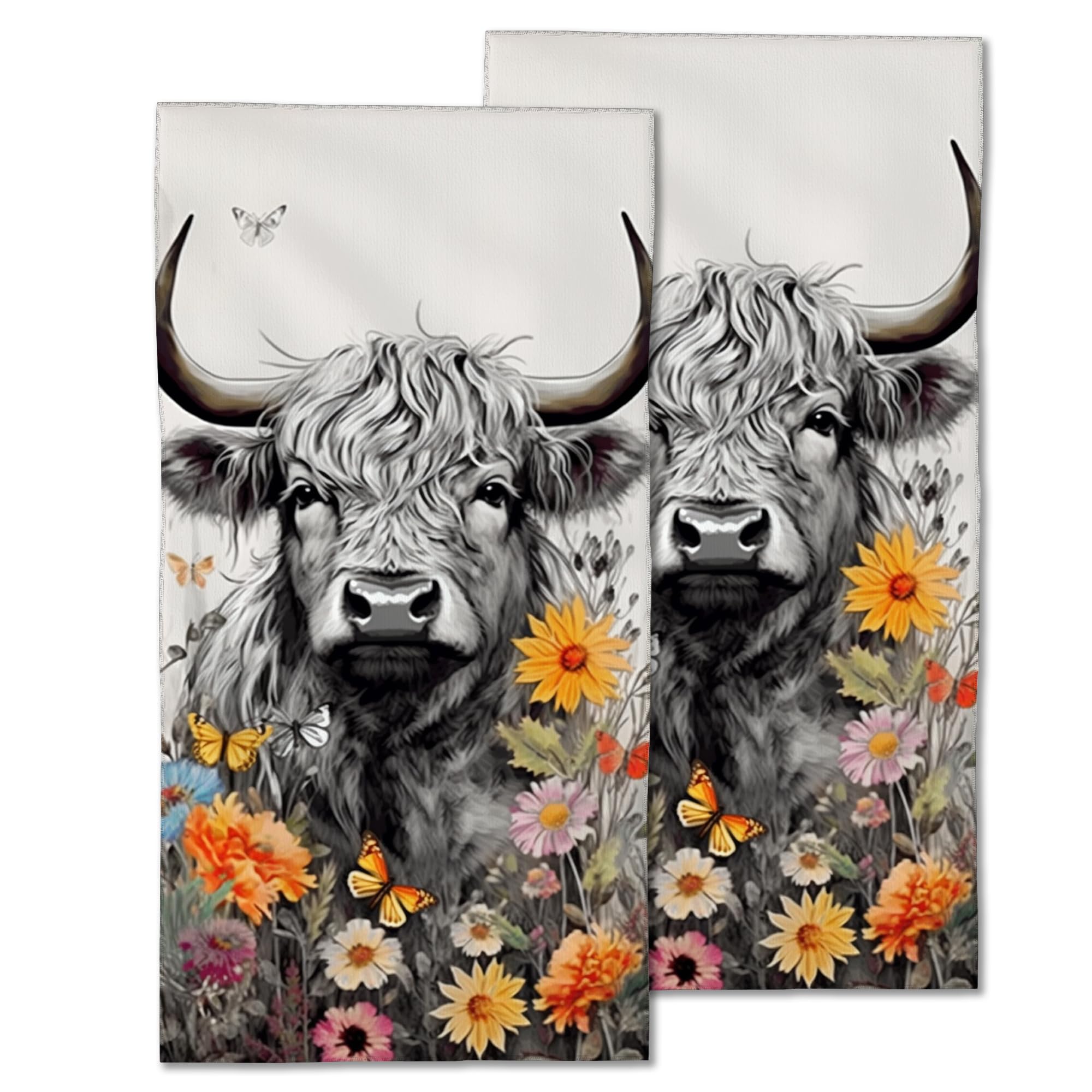 CXULIN Highland Cow Hand Towels Set of 2,Daisy Flower Soft Fingertip Bath Towel Small Face Washcloths Decor Kitchen Towel for Hotel Spa Gym Sport